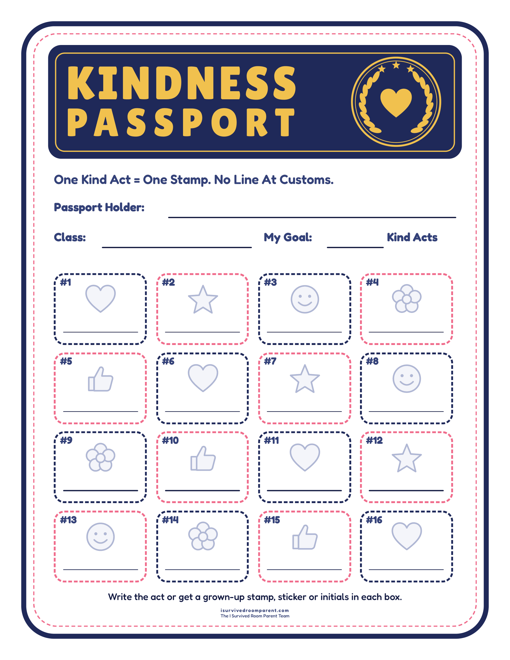 Printable kid kindness passport with 16 stamp boxes and fillable name, class and kind act goal