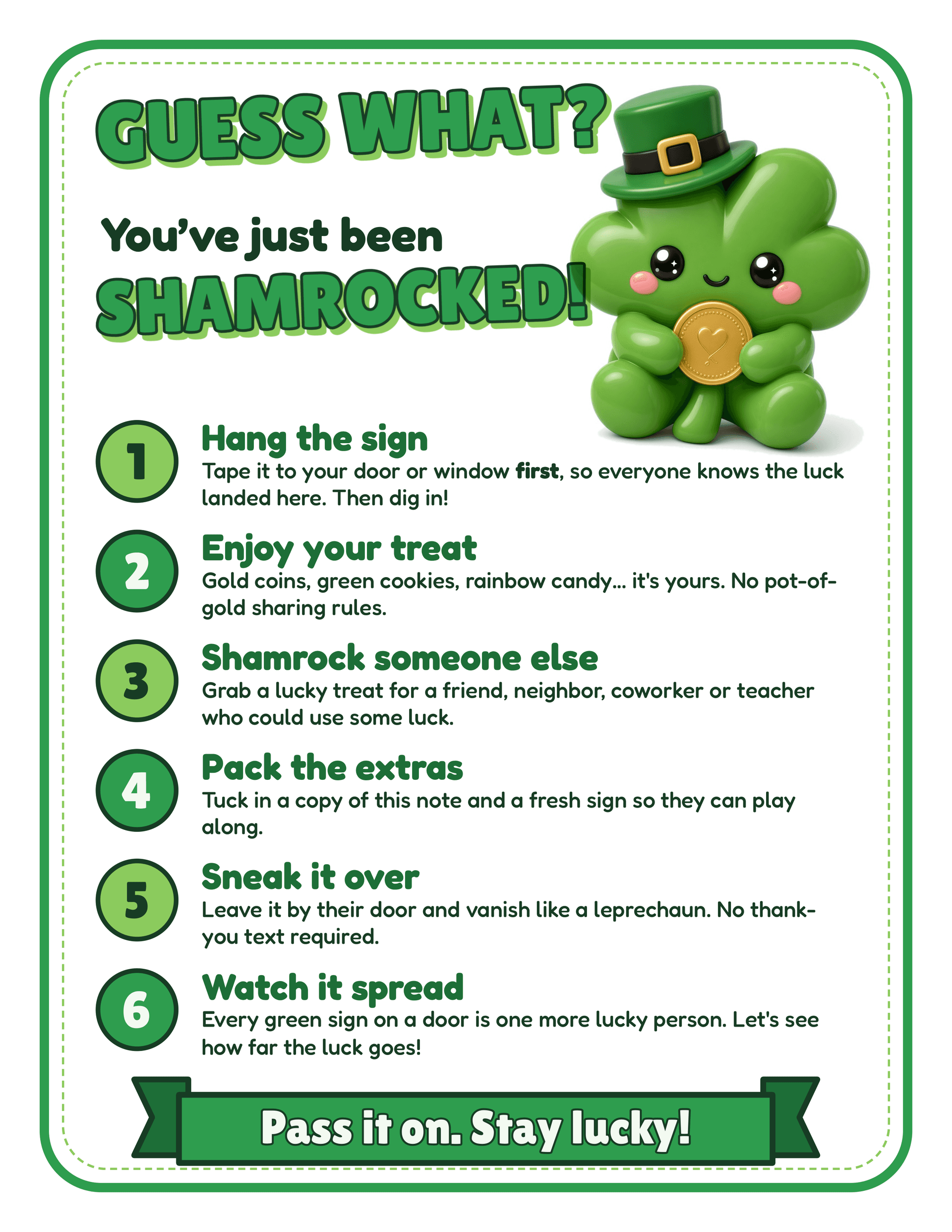 Guess What You've Been Shamrocked how-to-play note with six steps for the St. Patrick's Day drop-off game