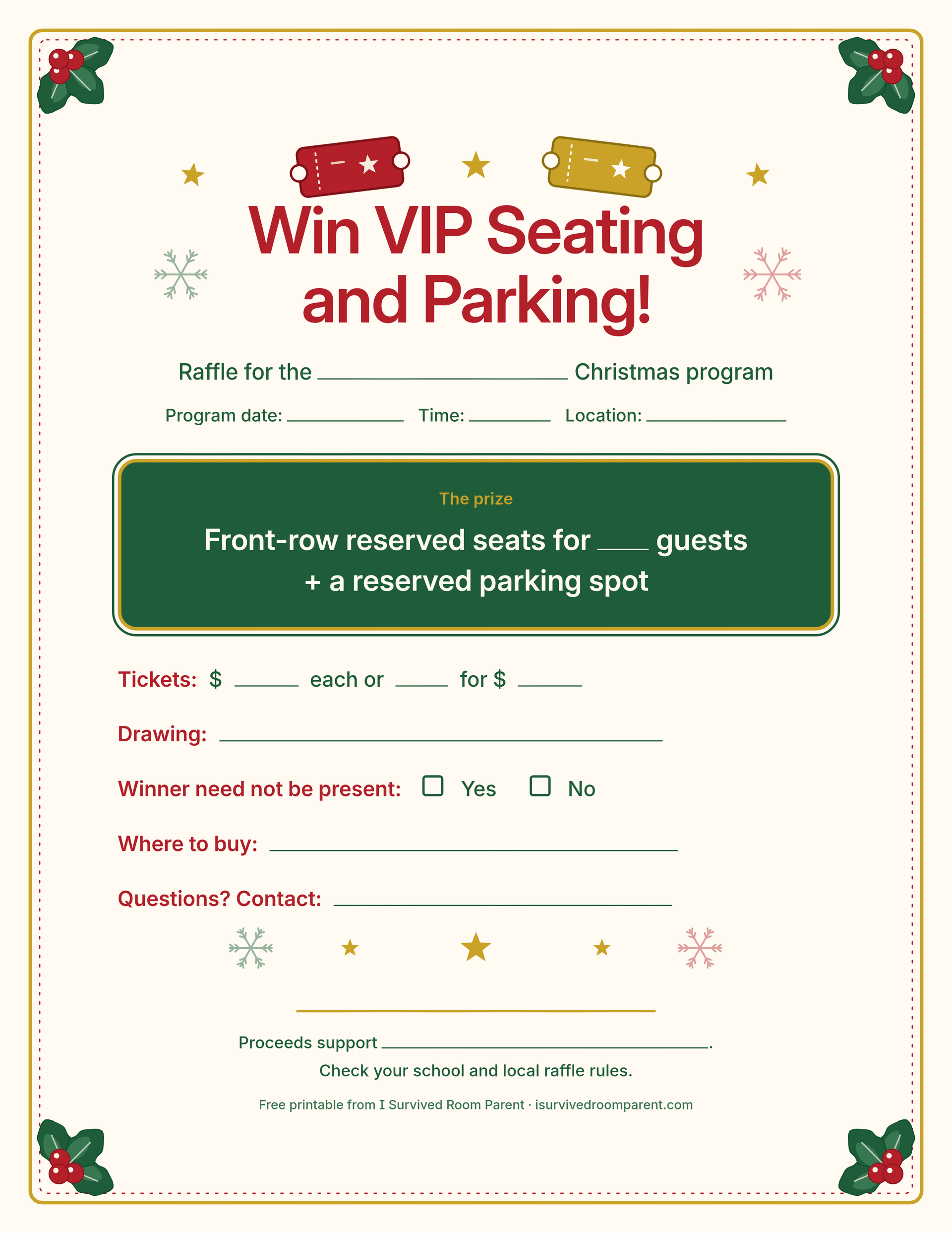 Free VIP seating and parking raffle flyer printable with a red and gold ticket header, blank lines for the program details and a green prize box for front-row seats and reserved parking