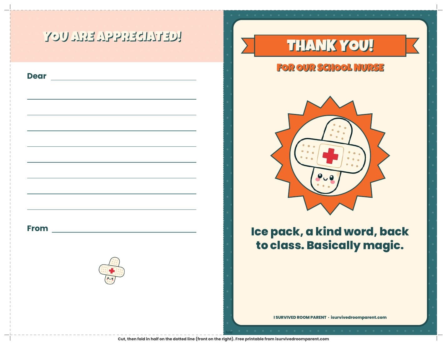 Foldable thank you card printable for the school nurse with a bandage mascot and a Dear and From note inside