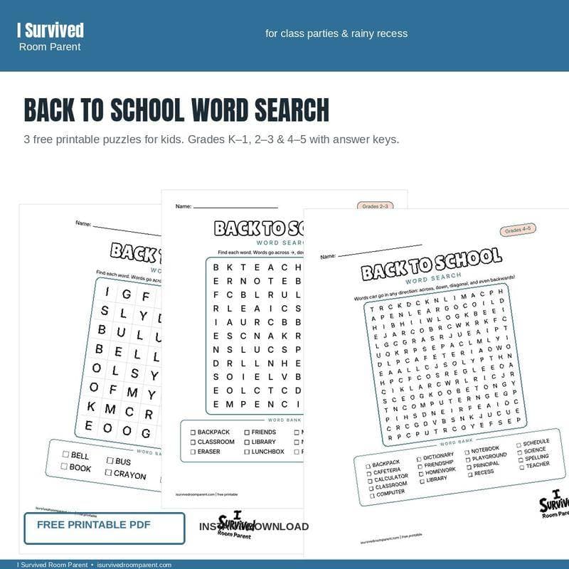 Free printable Back to School word search for kids, grades K-1 through 4-5
