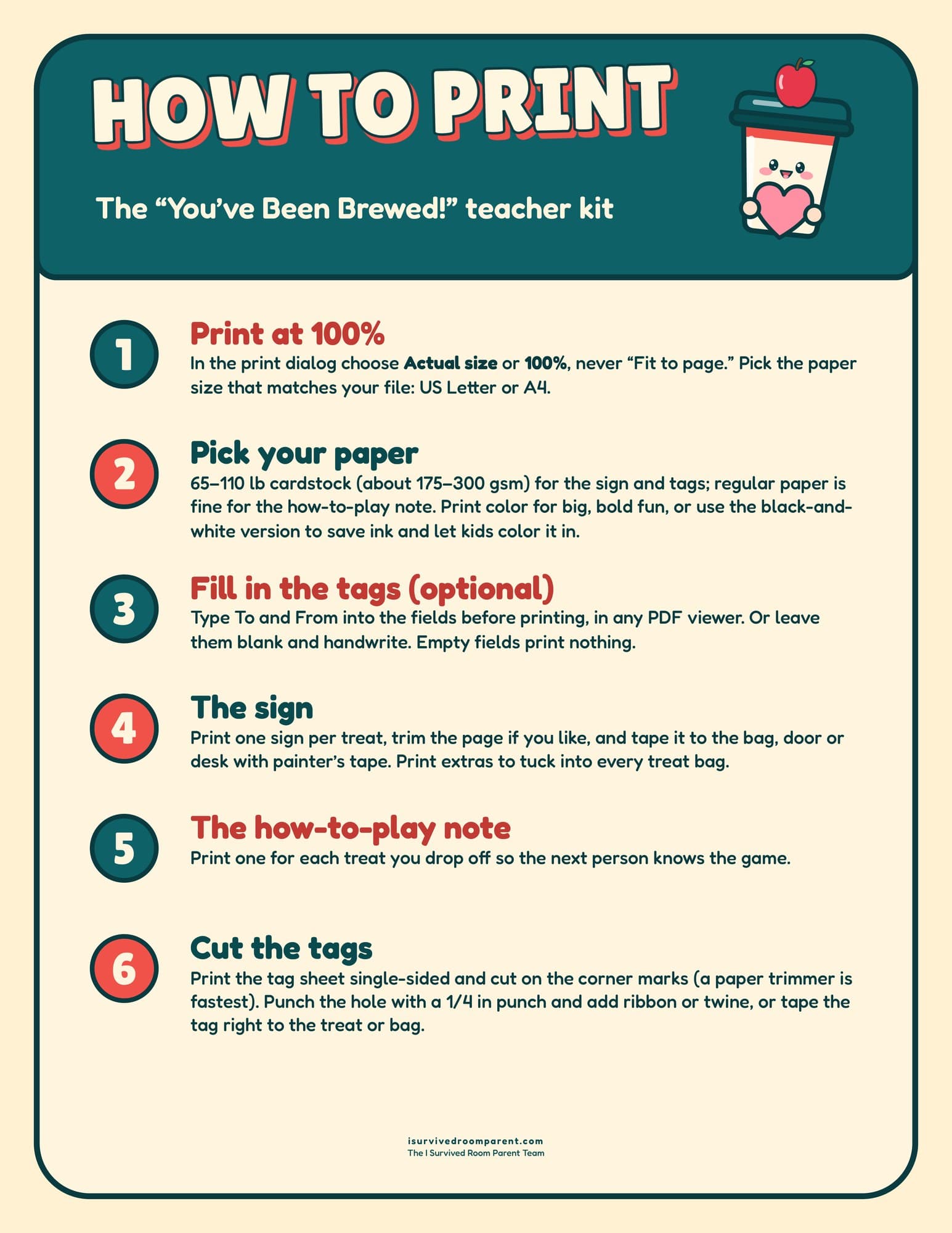 How to print guide for the You've Been Brewed Teacher Appreciation kit with six steps: print at 100 percent, pick your paper, fill in the tags, the sign, the note and cut the tags