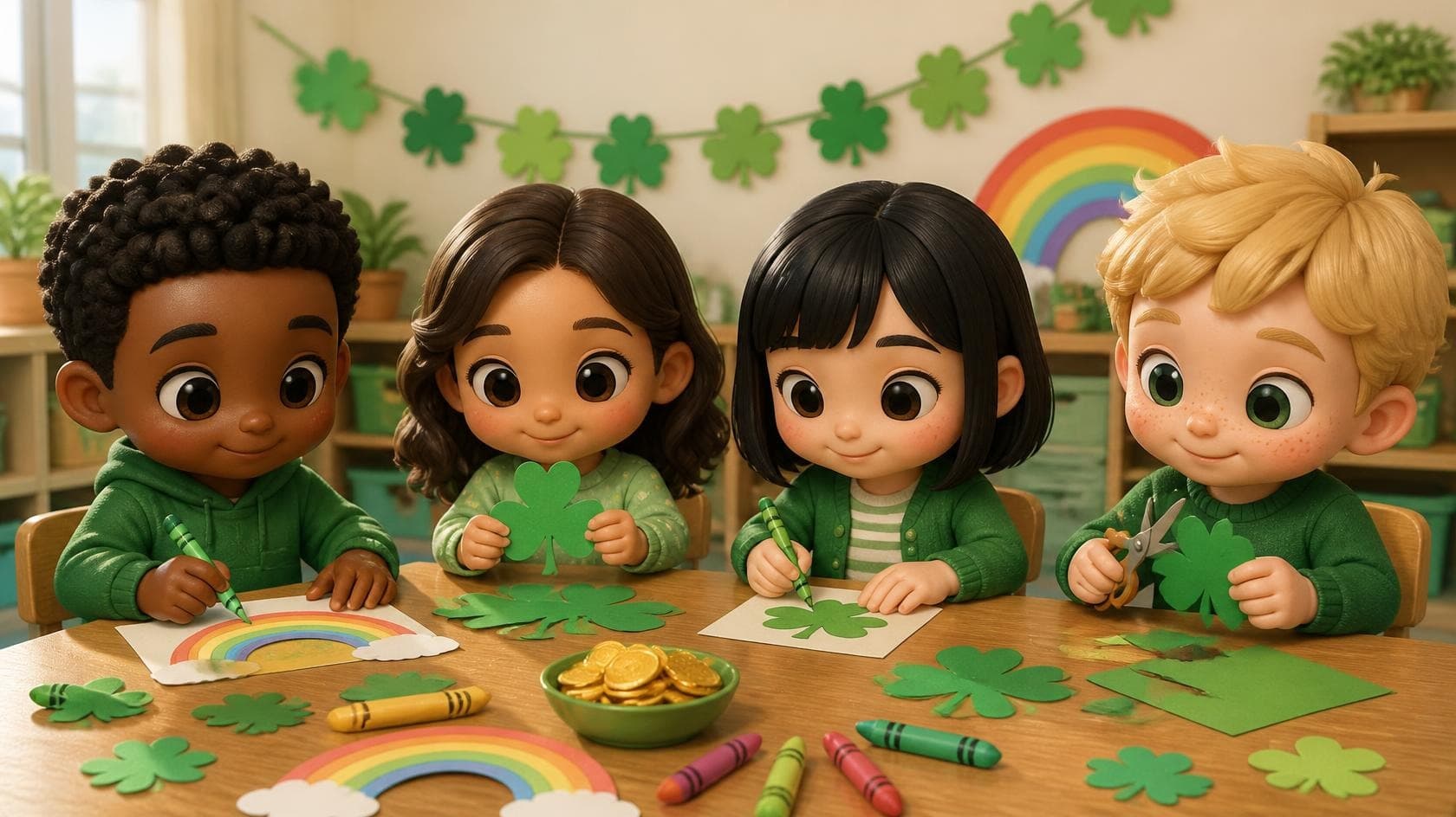 Chibi cartoon kids at a classroom table making paper rainbows and green shamrocks with a bowl of gold paper coins