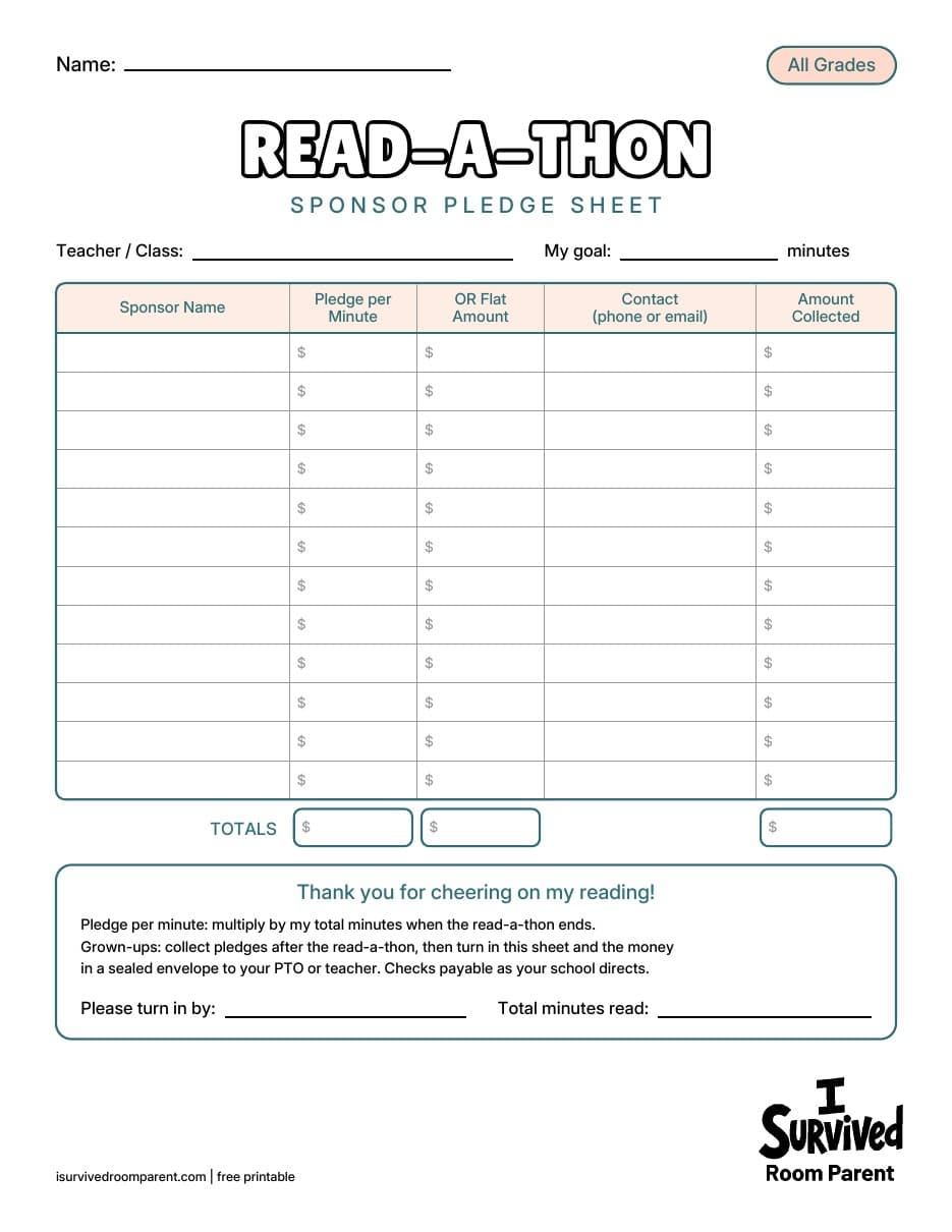 Read-a-Thon sponsor pledge sheet printable for PTO fundraiser