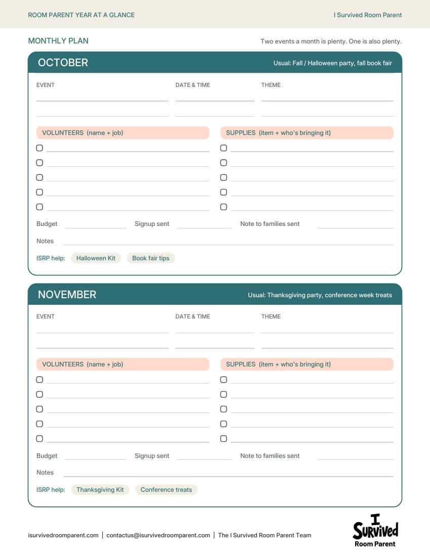 Monthly plan page for October and November with event, date, theme, volunteer and supply lines