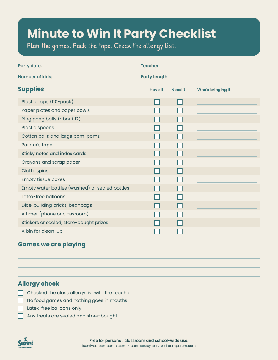 Teal and cream fillable Minute to Win It party checklist with supply checkboxes, a who's bringing it column, a games list and an allergy check