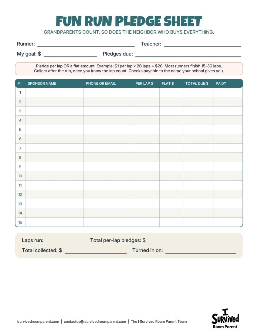 Fun run pledge sheet printable with rows for 15 sponsors, per-lap or flat pledge columns and a totals box