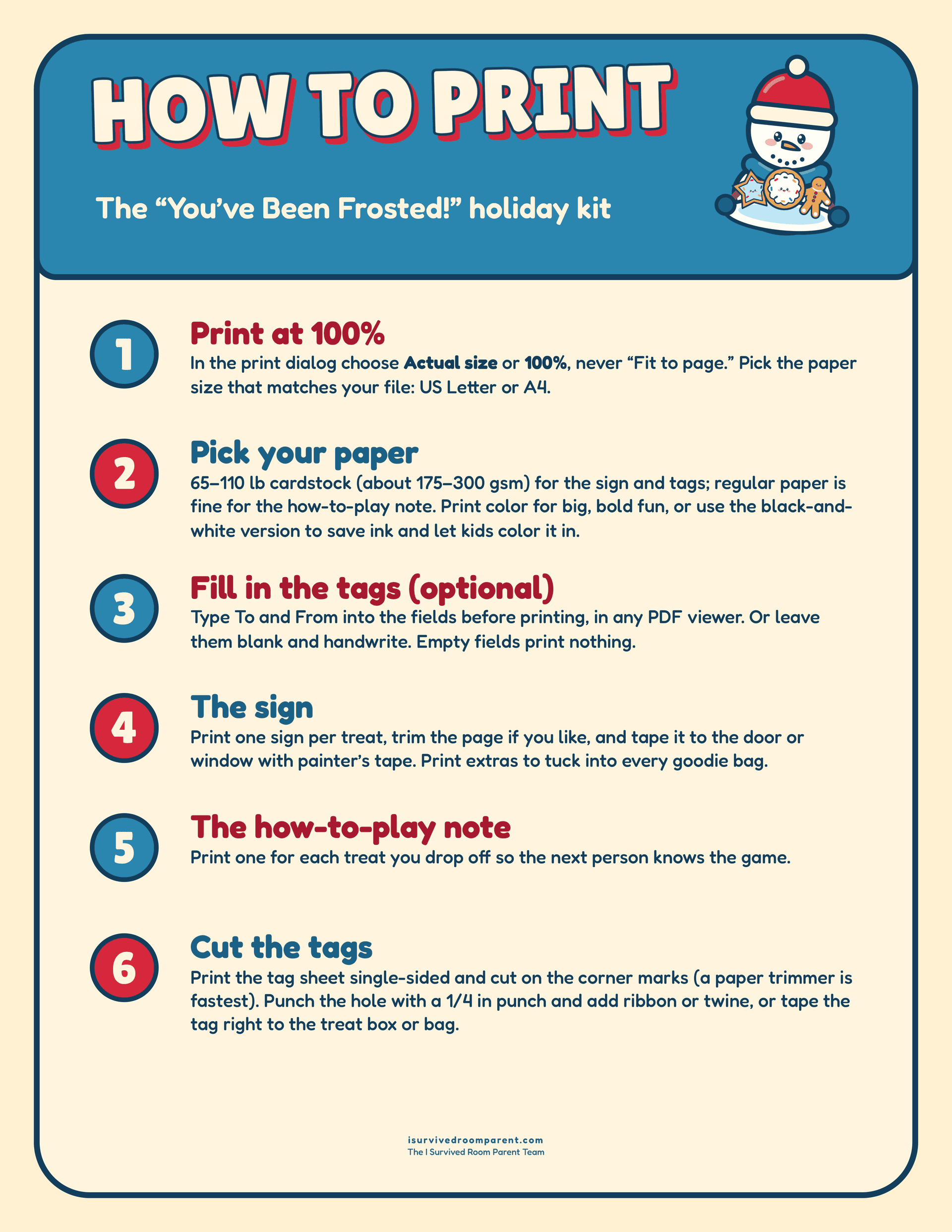 How to print guide for the You've Been Frosted Christmas kit with six steps: print at 100 percent, pick your paper, fill in the tags, the sign, the note and cut the tags