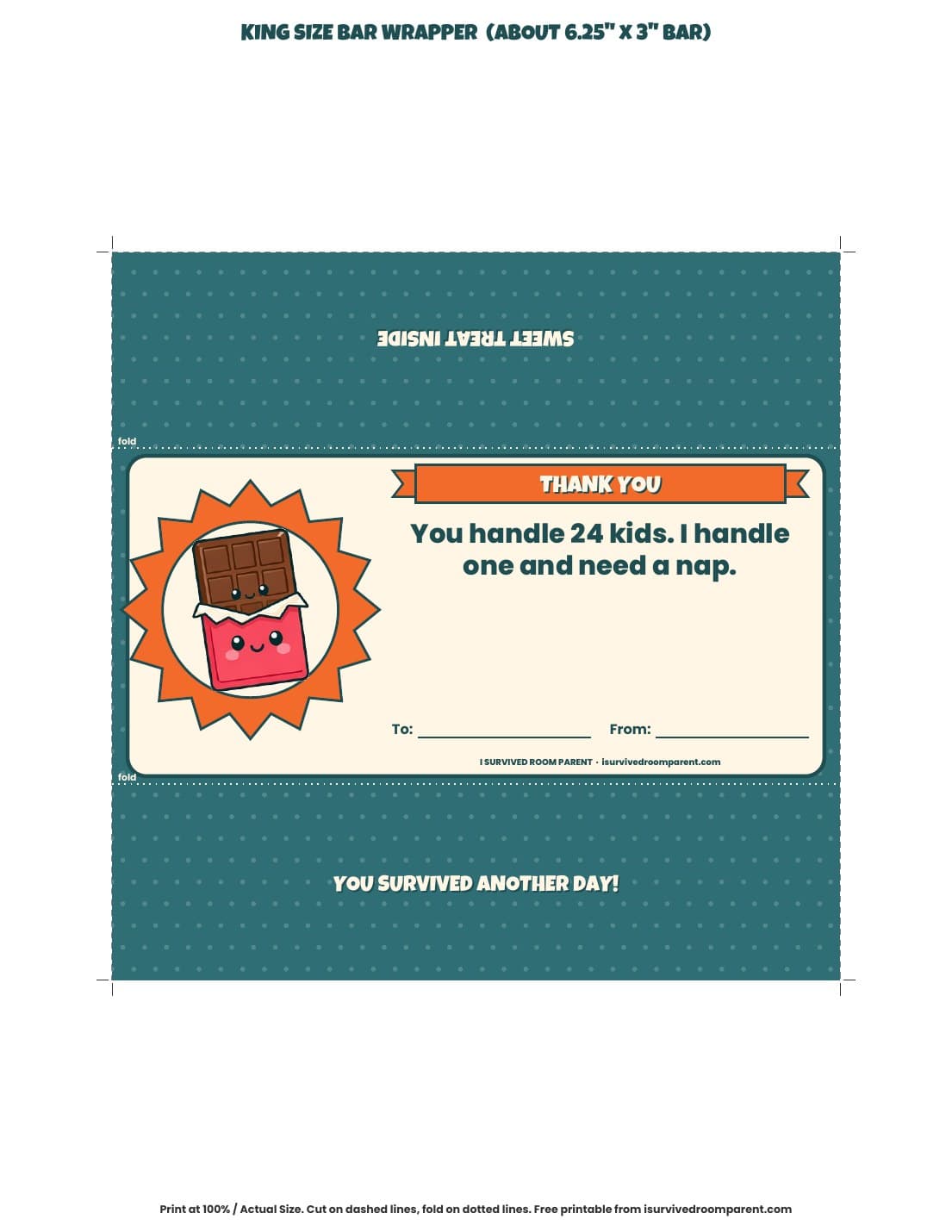 King size candy bar wrapper printable with a thank you teacher zinger, chocolate bar mascot and fold guides