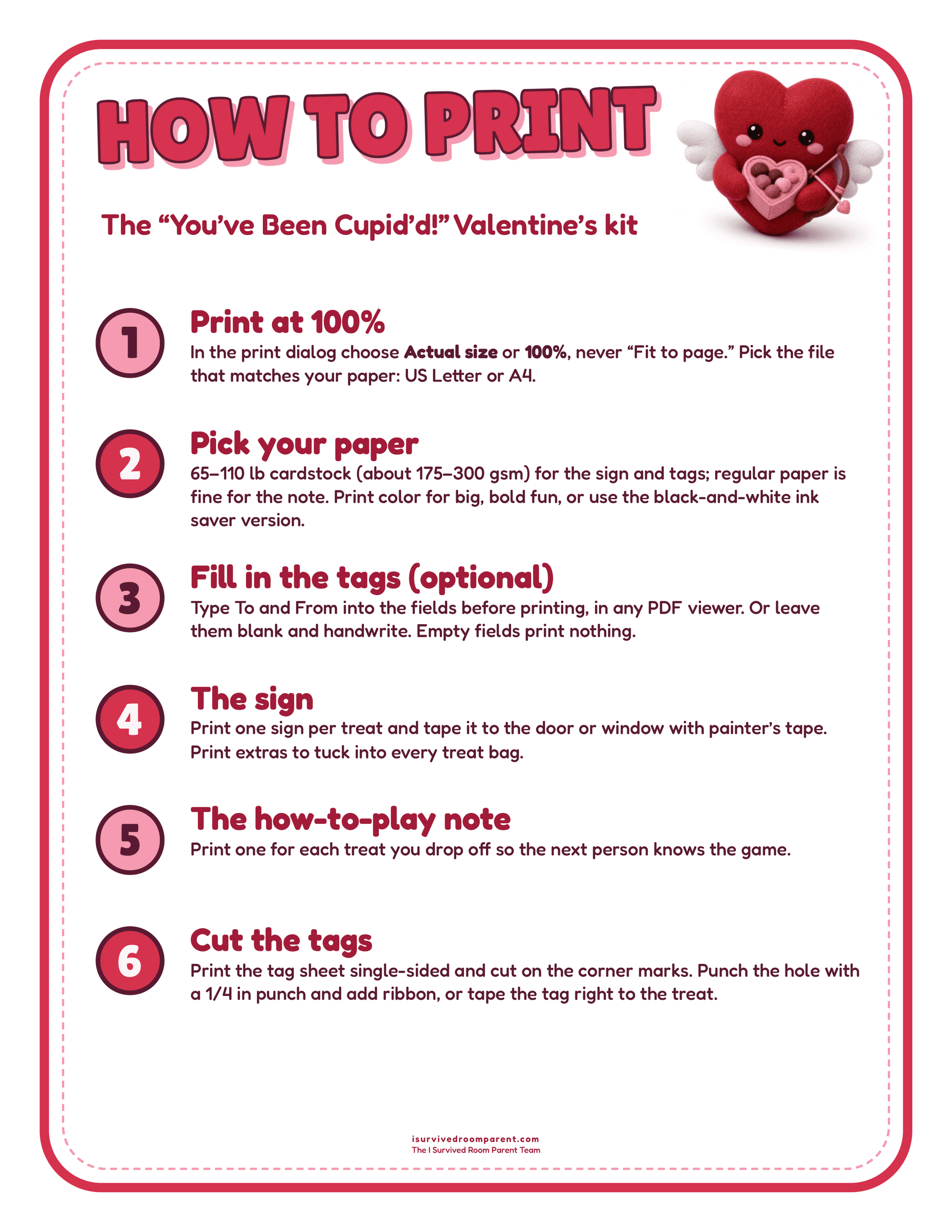 How to print guide for the You've Been Cupid'd Valentine's Day kit with six printing and cutting steps