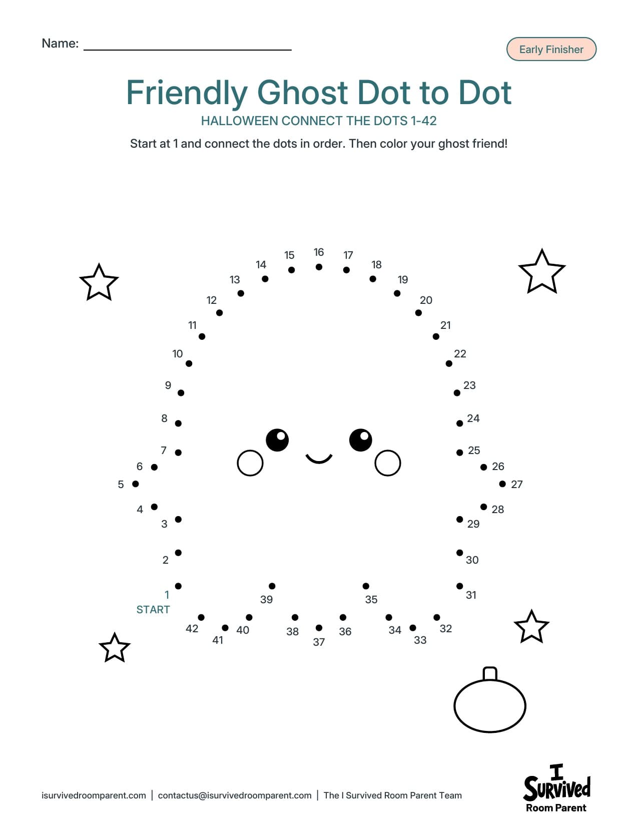 Halloween dot to dot printable with numbered dots 1 to 42 around a smiling ghost face, stars and a pumpkin to color