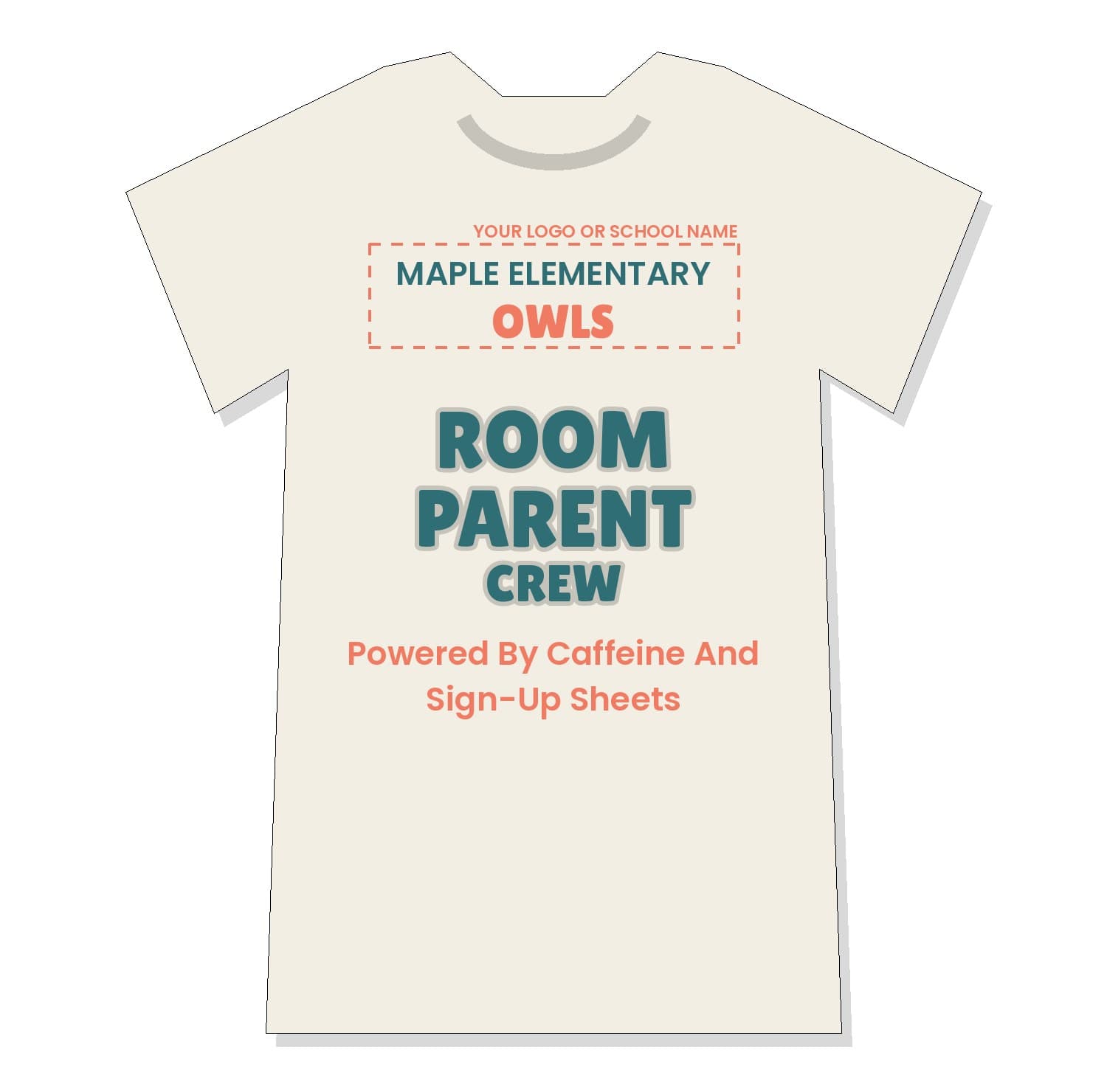 Cream Room Parent Crew shirt front with stacked teal text "Room Parent Crew" and the saying "Powered By Caffeine And Sign-Up Sheets"