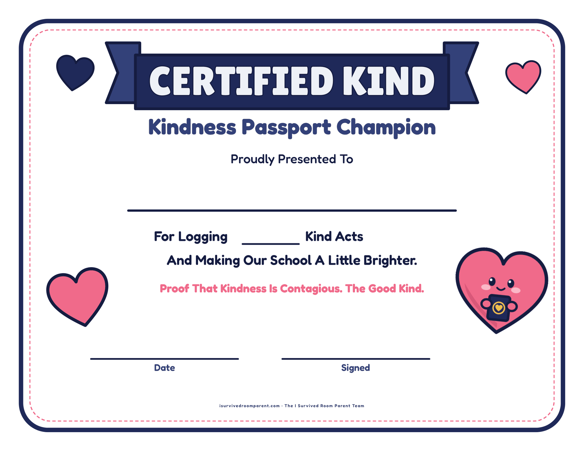 Certified Kind Kindness Passport Champion certificate with fillable name, kind acts count, date and signature