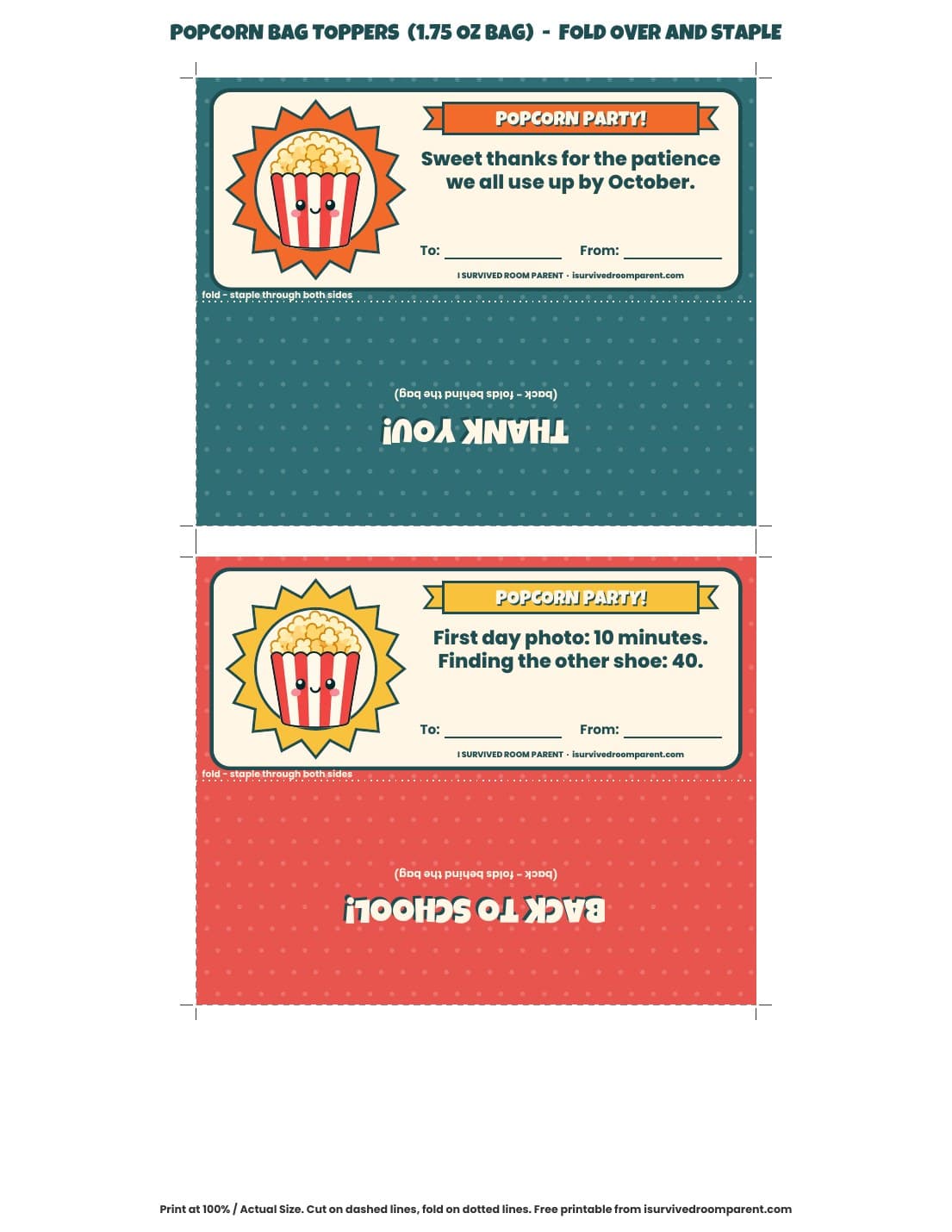 Printable popcorn bag toppers with a cute popcorn bucket mascot, funny class party lines and To and From lines