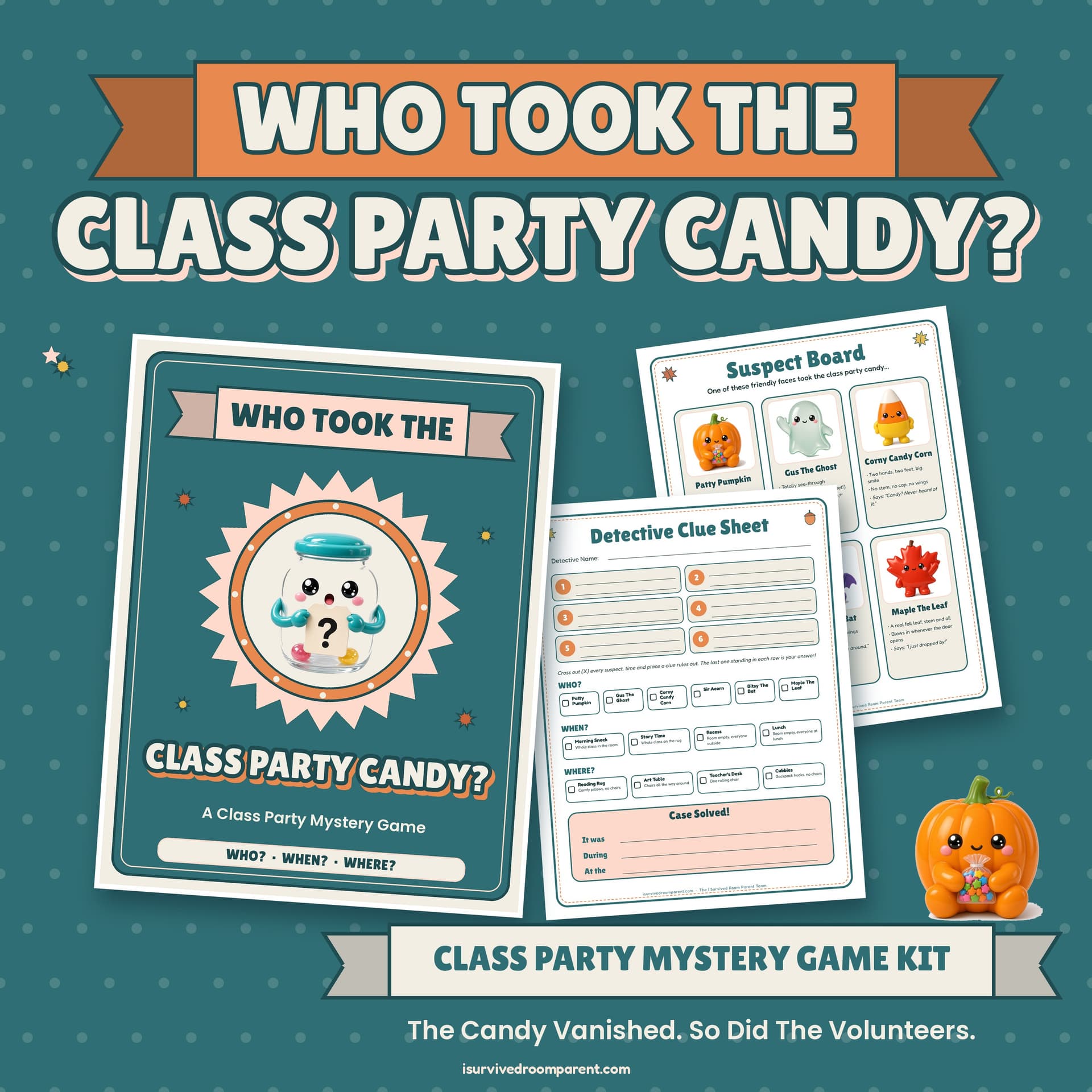 Who Took The Class Party Candy? printable class party mystery game kit with a cute glossy candy jar mascot holding a question mark