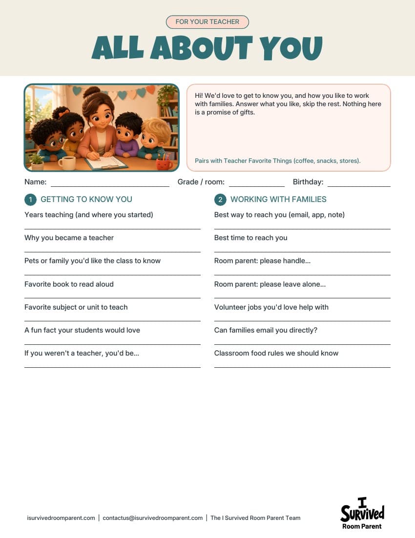 Free fillable All About You teacher questionnaire printable with a chibi teacher and kids filling out a clipboard