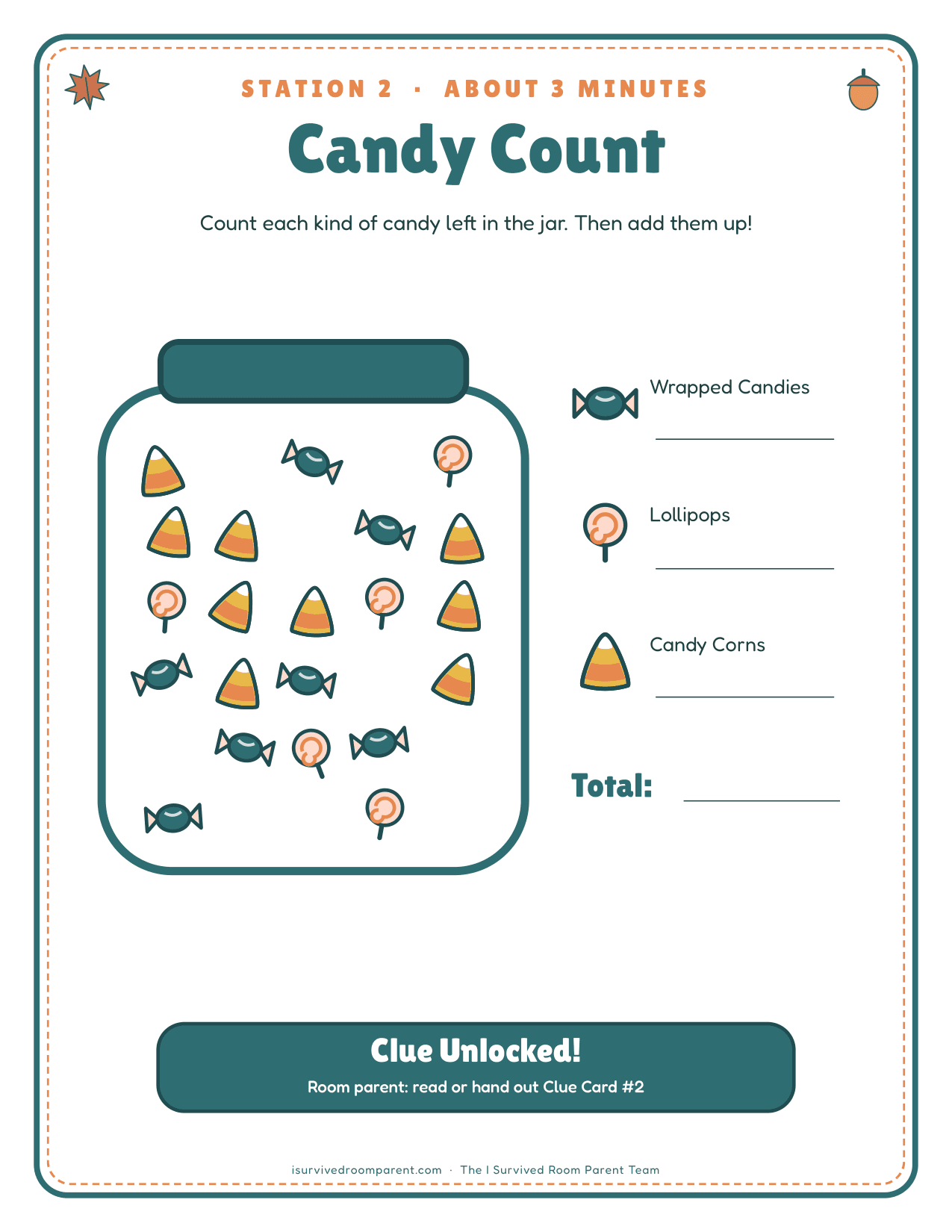 Candy Count party station page with a jar of candies to count and a Clue Unlocked banner