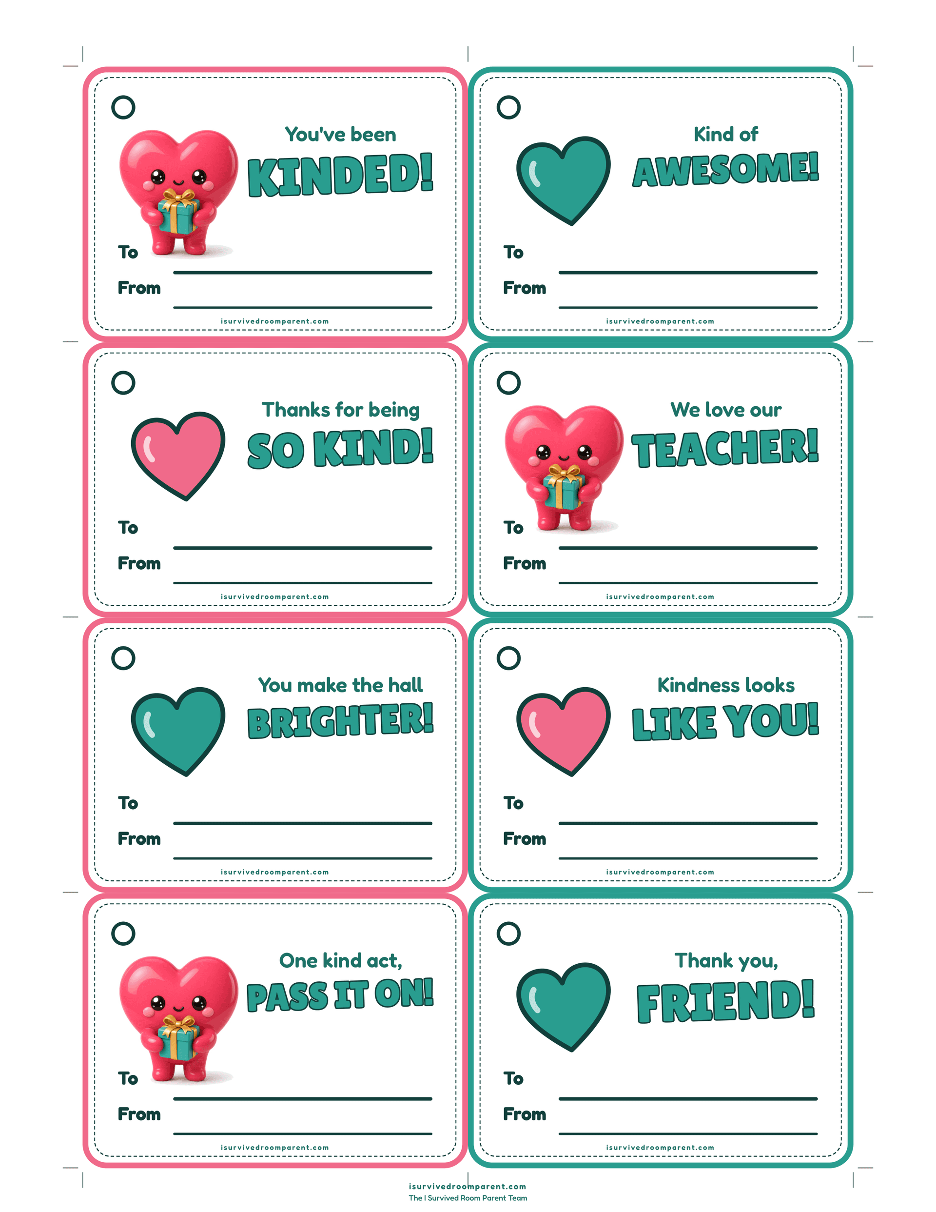 Eight fillable World Kindness Day To/From gift tags with kind one-line thank-you messages
