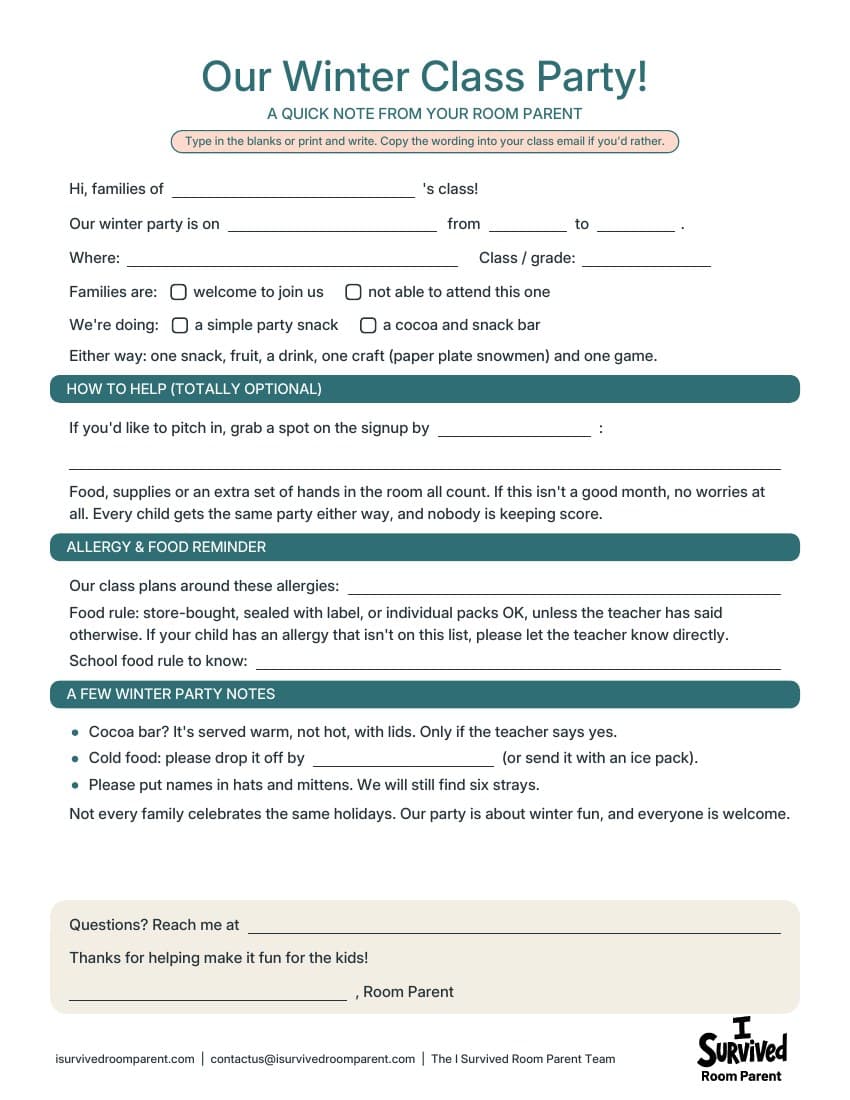 Fill-in-the-blank winter class party parent note with party details, a snack or cocoa bar choice, an optional signup ask and allergy reminders