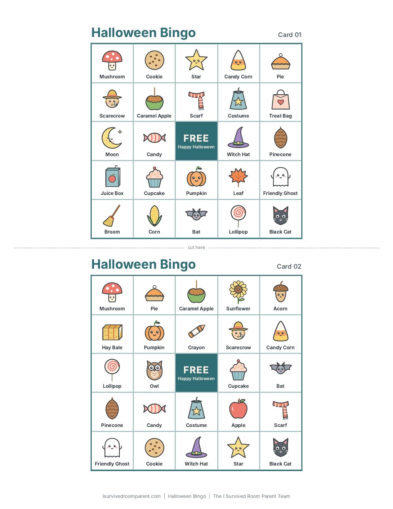 Two printable Halloween bingo cards on one page, each a 5x5 picture grid with a teal Happy Halloween free center square and a cut line between them