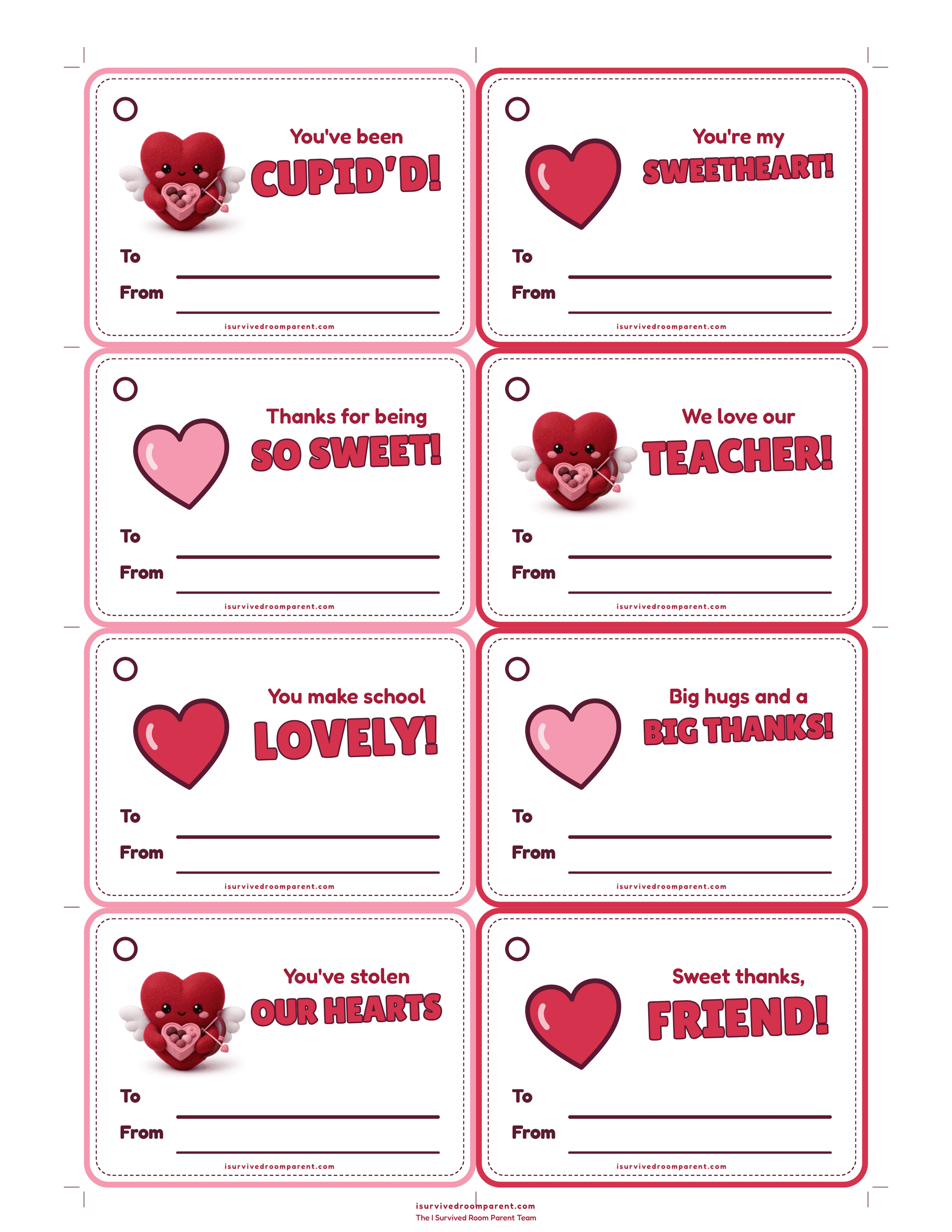 Eight fillable Valentine's Day To/From gift tags with sweet one-line thank-you messages