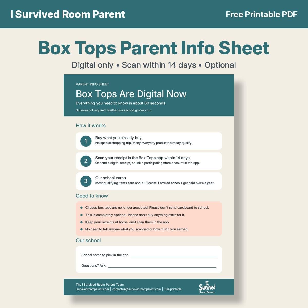 Box Tops parent info sheet printable explaining how to scan receipts in the Box Tops app within 14 days and that clipped box tops are no longer accepted