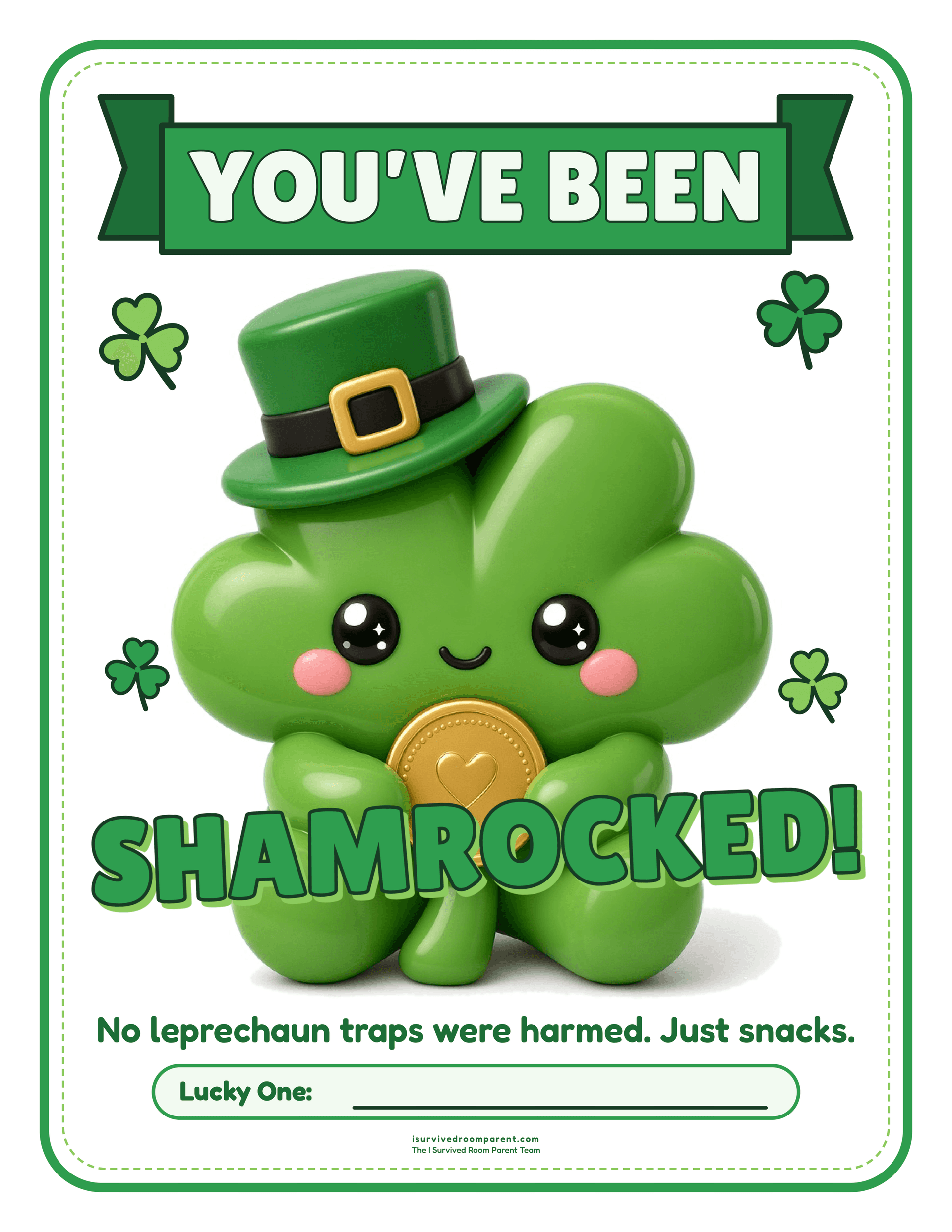 You've Been Shamrocked St. Patrick's Day door sign with a glossy shamrock mascot and fillable Lucky One line