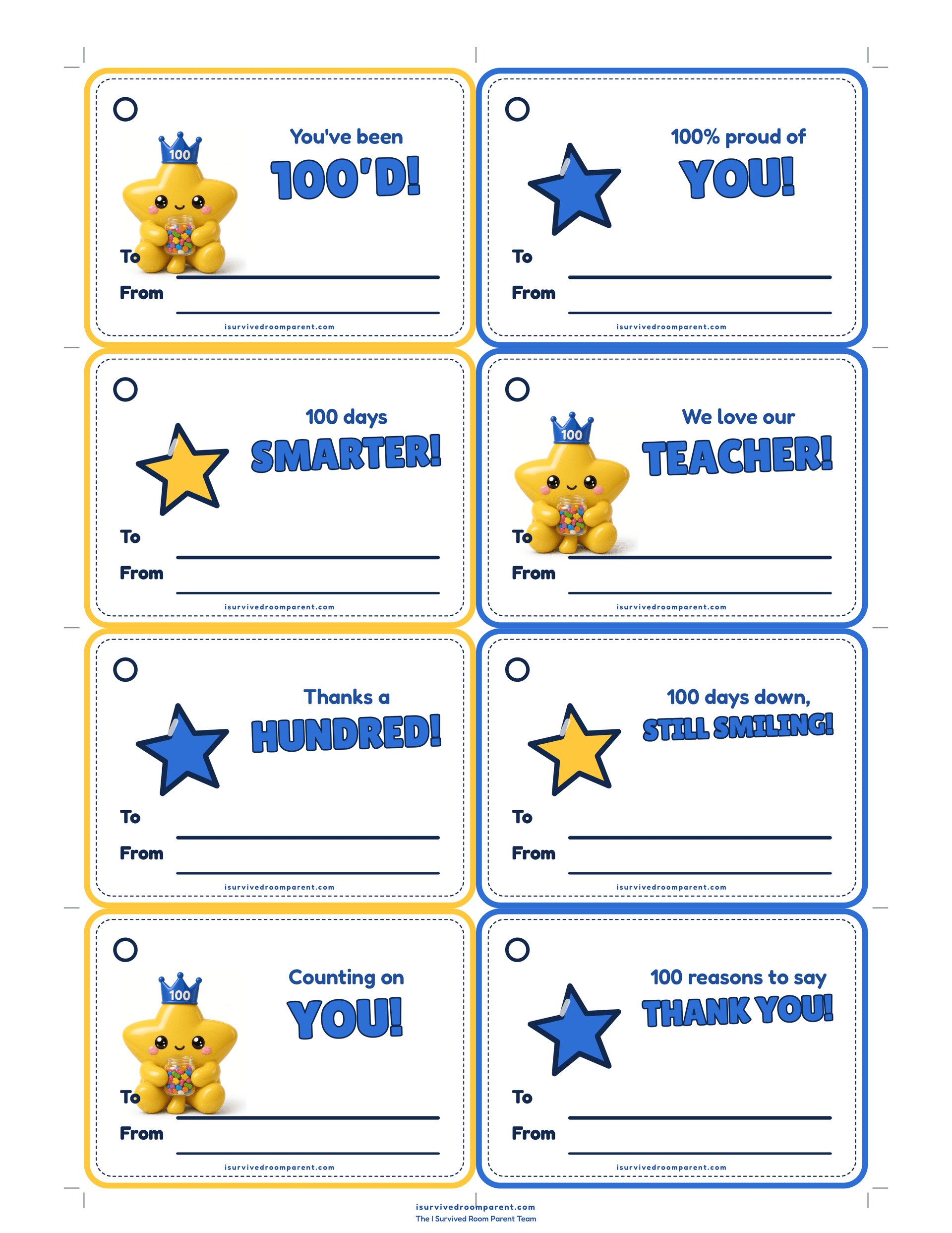 Eight fillable 100th Day of School To/From gift tags with one-line thank-you messages