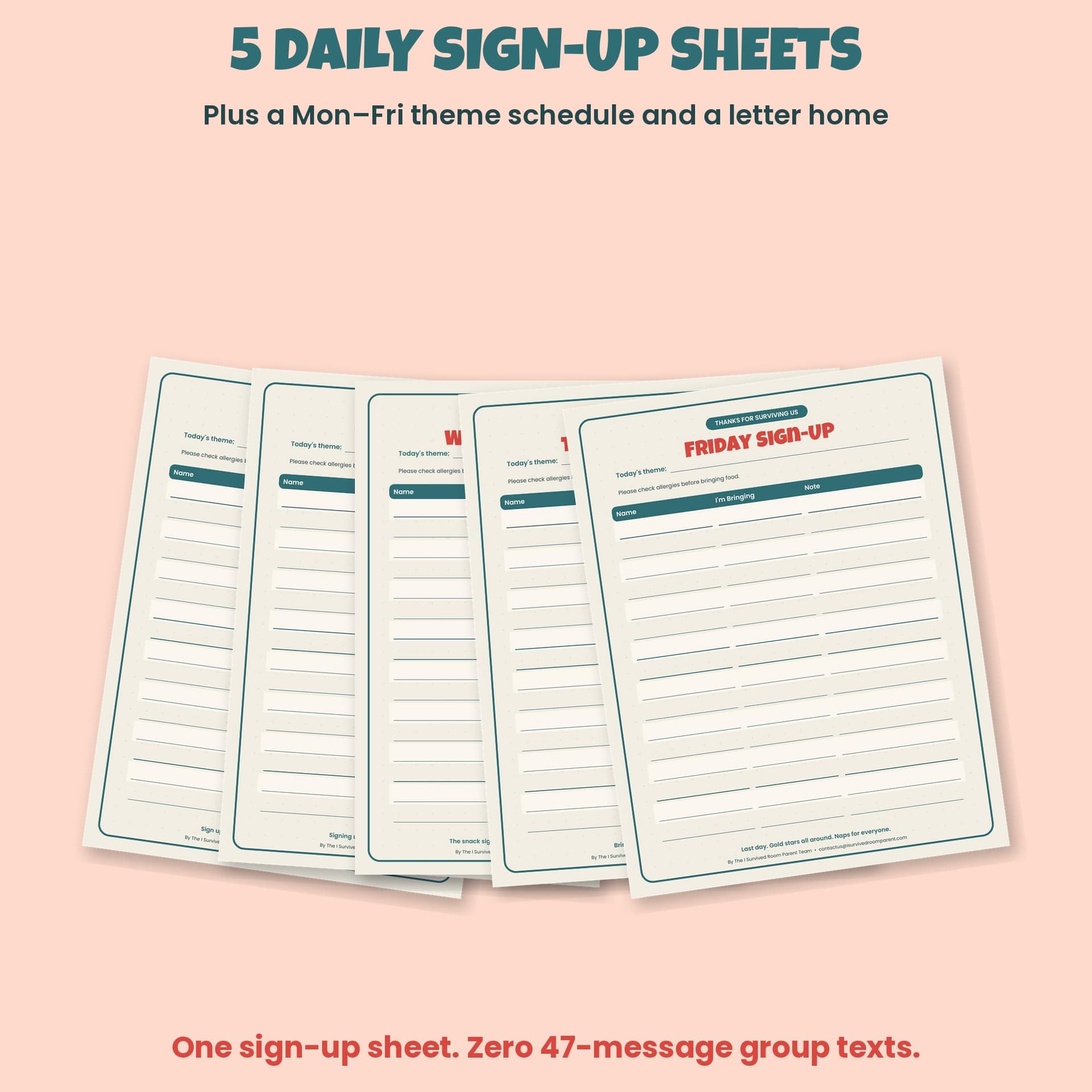 Five fillable Monday to Friday Teacher Appreciation Week sign-up sheets fanned out on a peach background