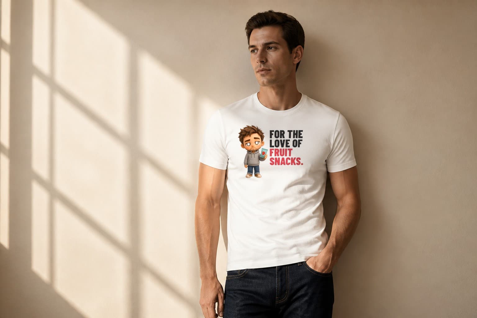 Man wearing a white For the Love of Fruit Snacks dad shirt with a deadpan plush dad holding a fruit snacks pouch
