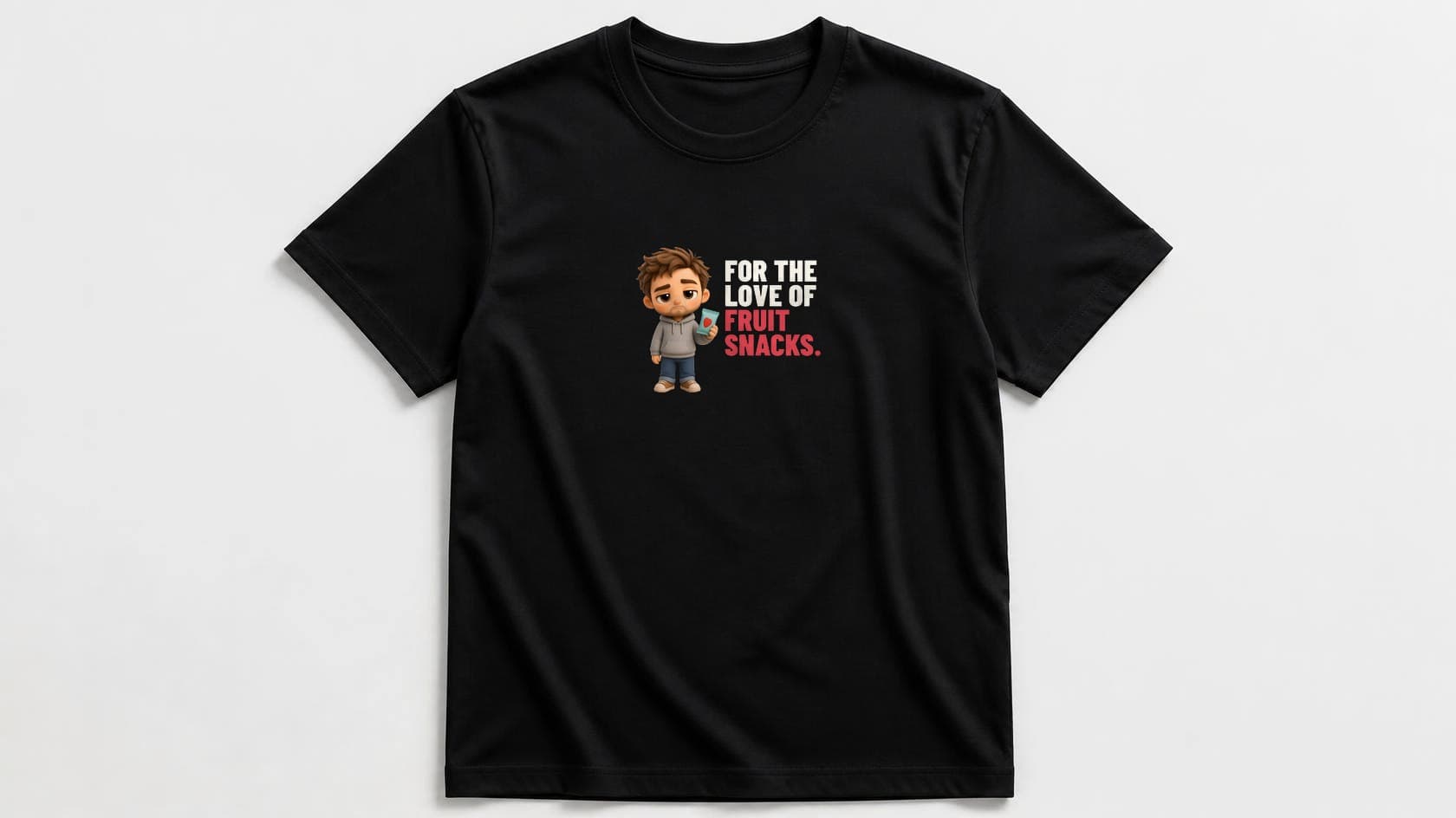 Black men's t-shirt flat-lay with a plush chibi dad holding a red fruit snacks pouch under bold stacked cream "For the Love of Fruit Snacks" lettering