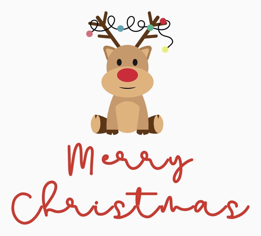 Close-up of the Merry Christmas print: a brown cartoon reindeer with a red nose and colorful string lights on his antlers above "Merry Christmas" in red handwritten script