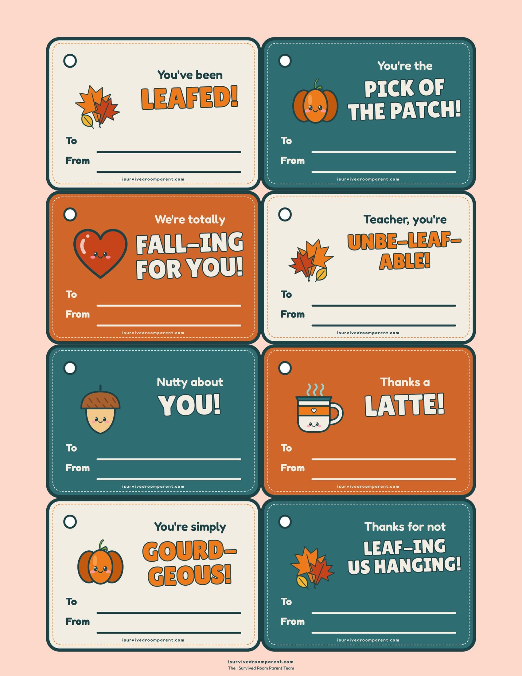 Eight fall gift tags with To and From lines reading You've been leafed, Pick of the patch, Unbe-leaf-able, Thanks a latte and Thanks for not leaf-ing us hanging