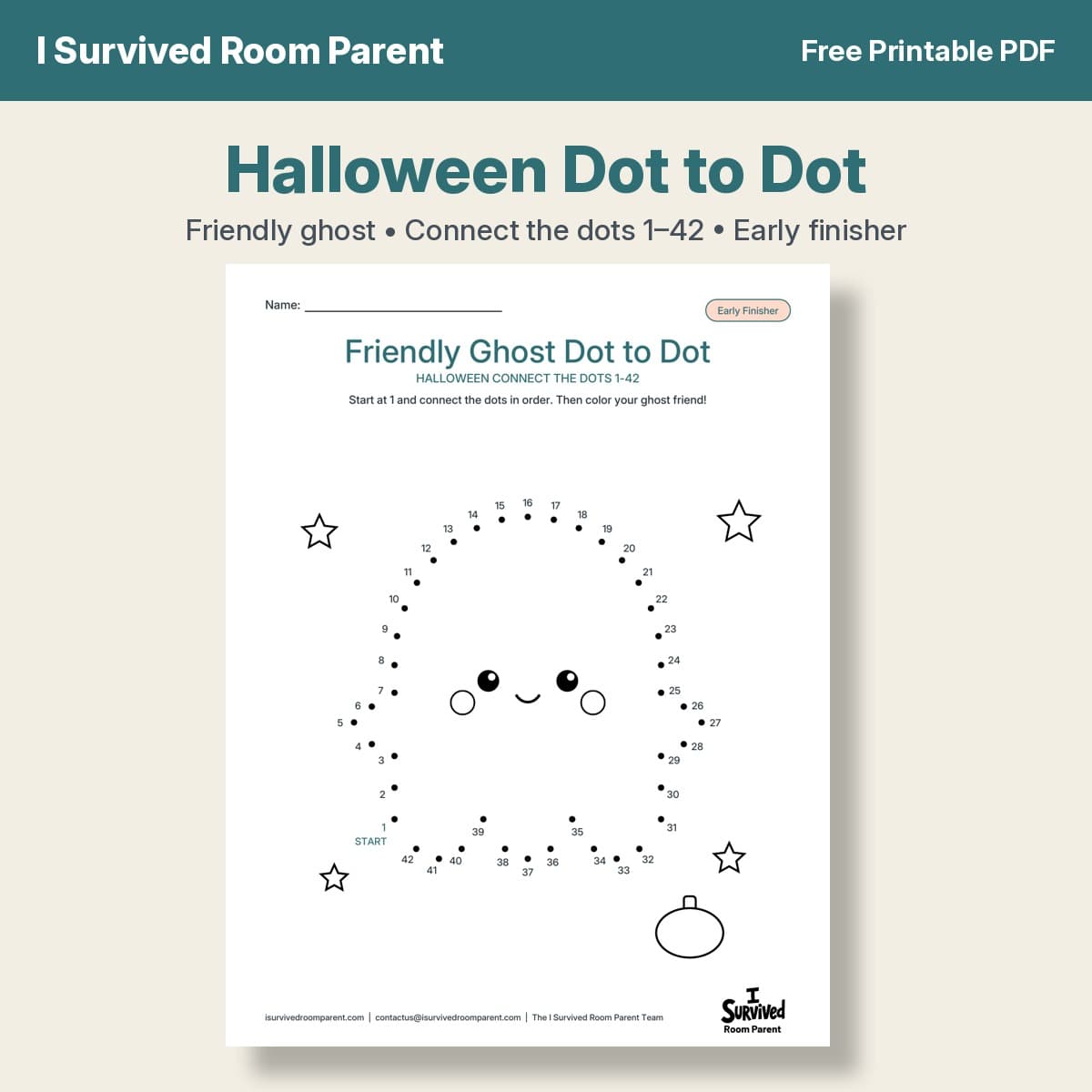 Halloween dot to dot printable cover showing a friendly ghost connect the dots page numbered 1 to 42