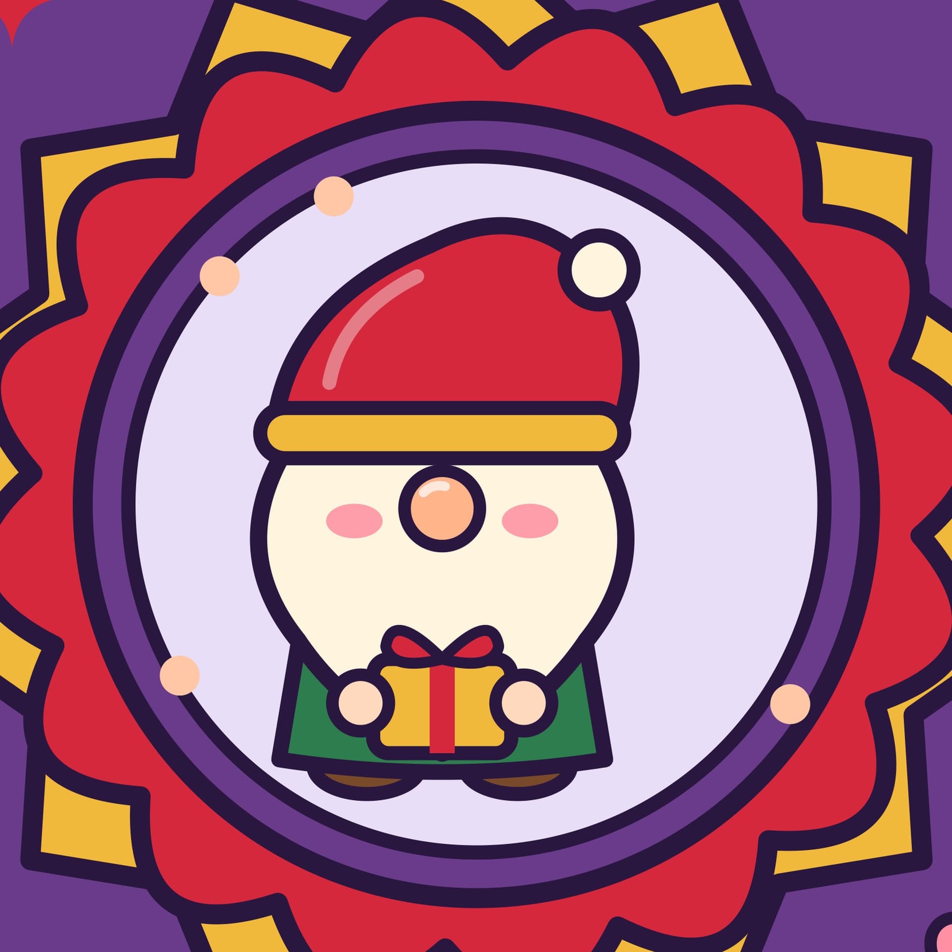 Closeup of the You've Been Gnomed door sign gnome with a red hat, rosy cheeks and a round nose, holding a wrapped gift inside a red and gold starburst badge