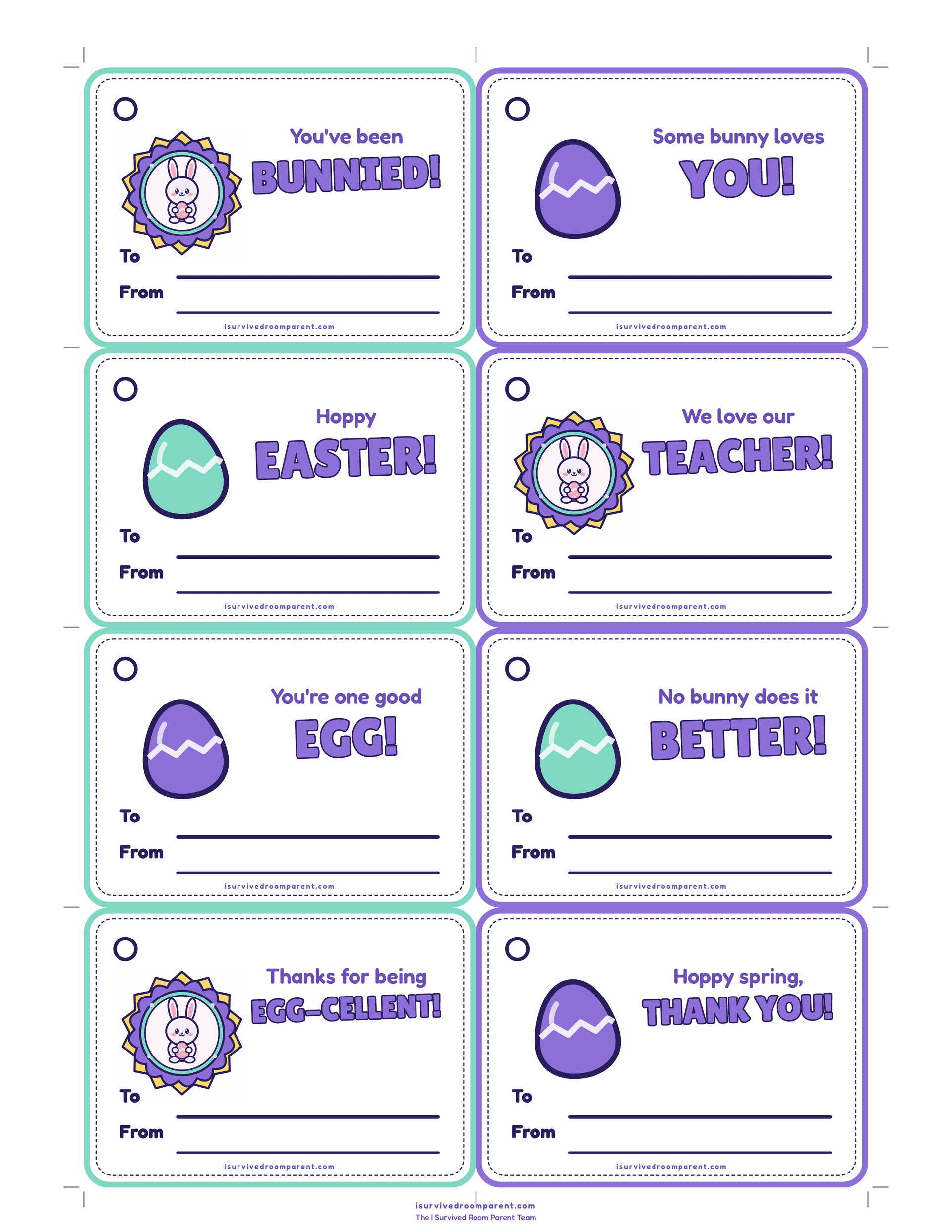 Eight fillable Easter To/From gift tags with one-line thank-you messages and egg art