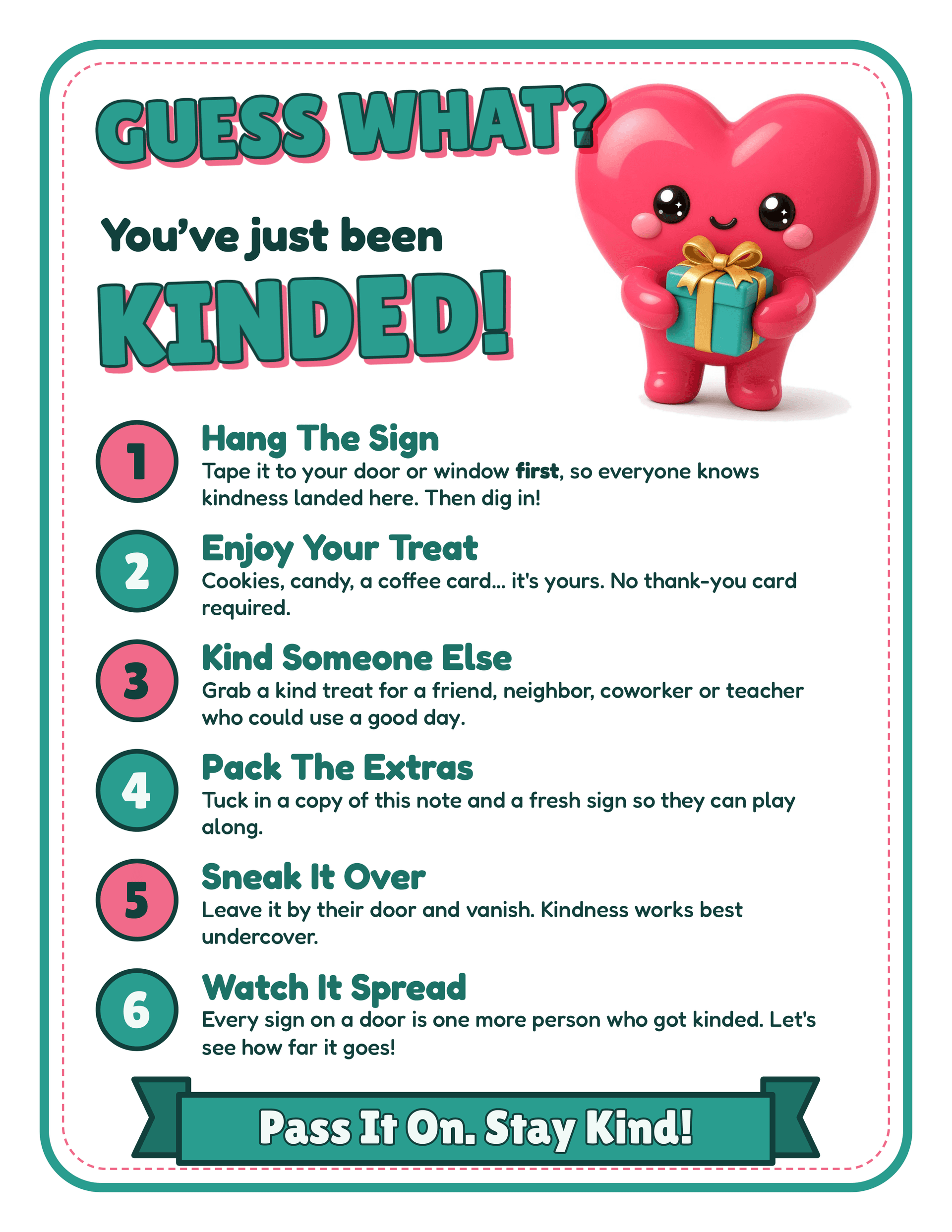 Guess What You've Been Kinded how-to-play note with six steps for the World Kindness Day drop-off game