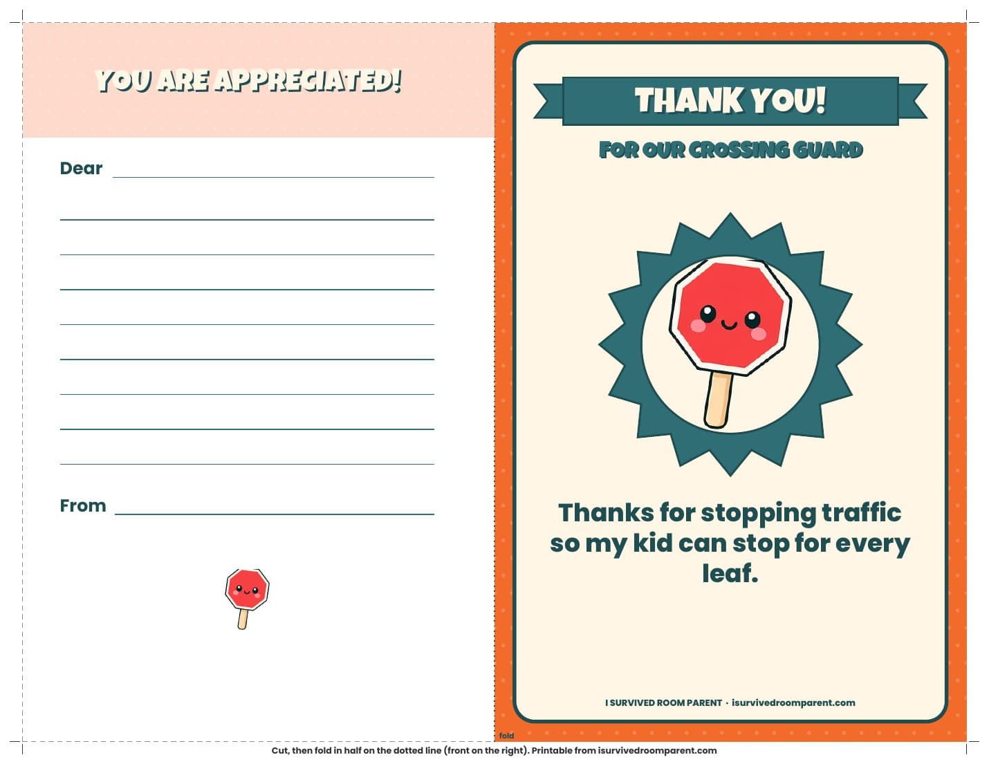 Crossing guard thank you card printable with stop sign mascot and Dear and From note