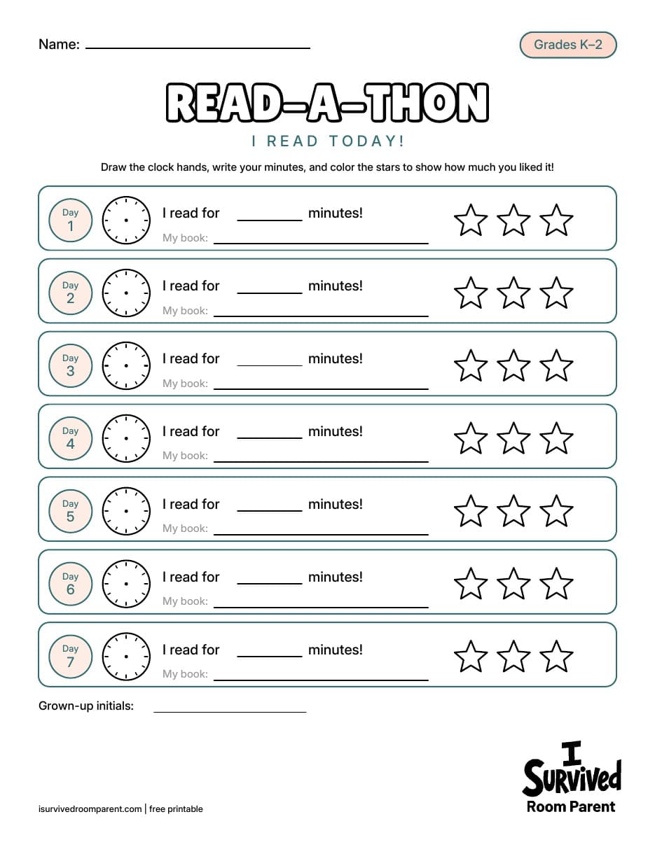 Read-a-Thon I read today log printable for grades K-2