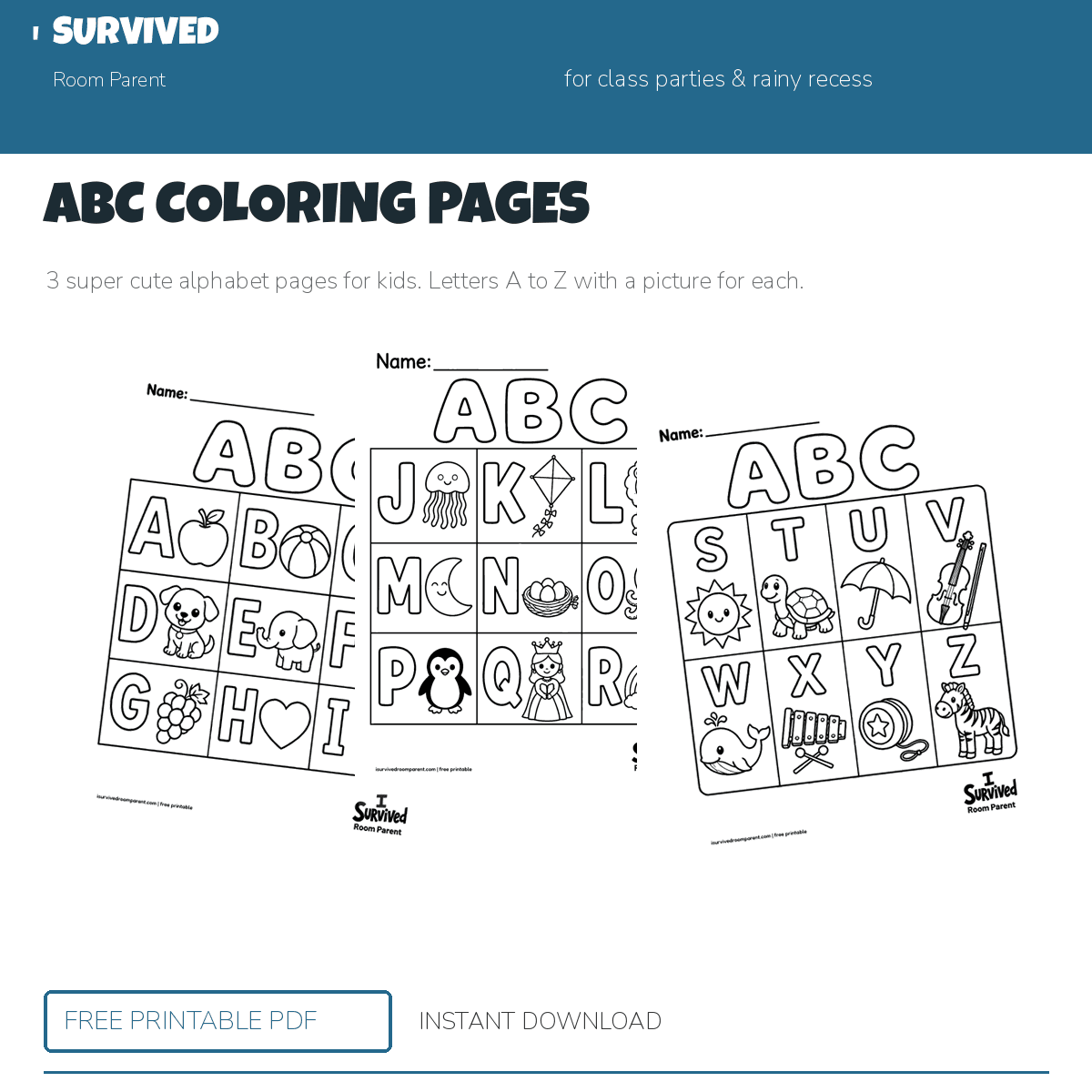 ABC coloring pages: letters A through Z with a picture for every letter