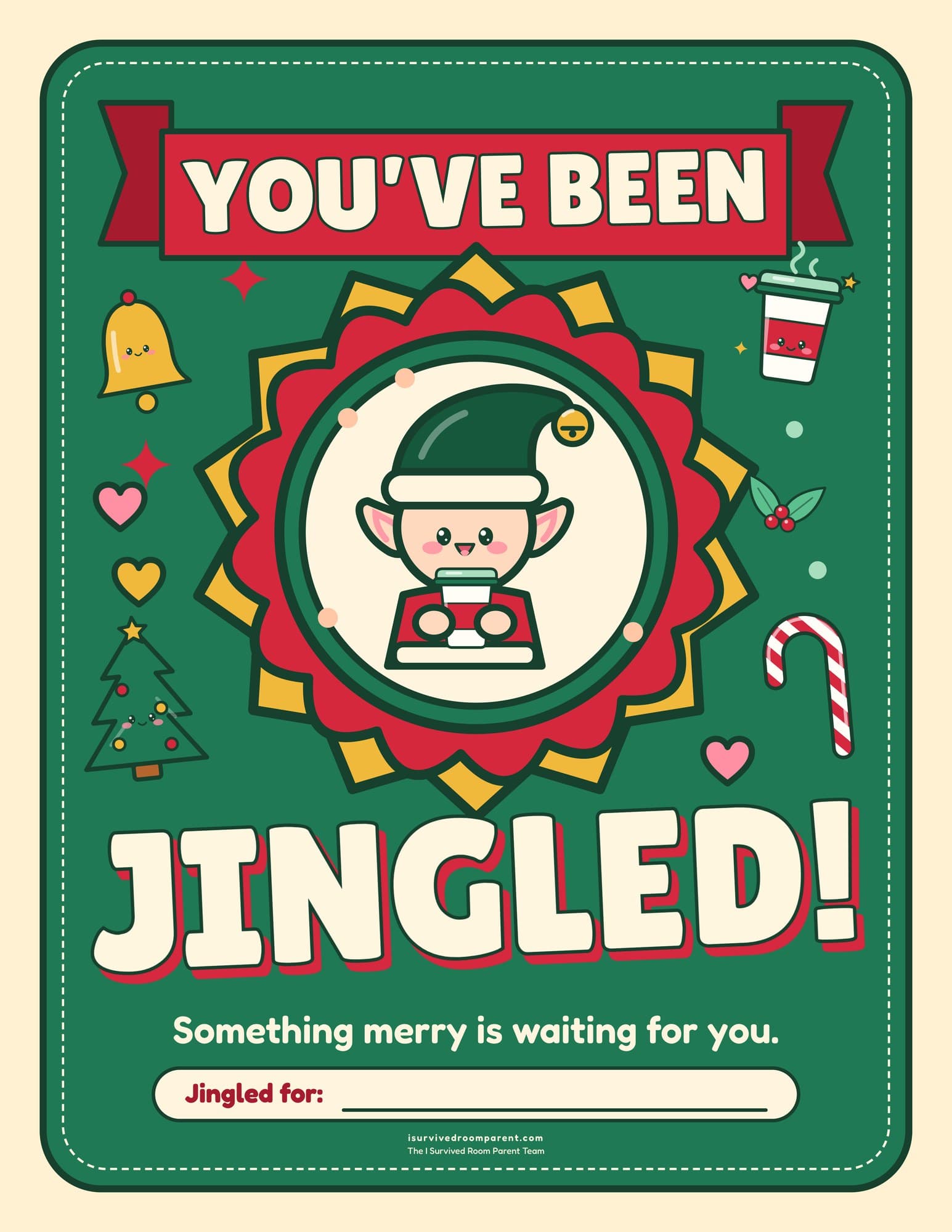 You've Been Jingled Christmas door sign with a cute elf in a green jingle-bell hat holding a cocoa cup inside a starburst badge, with a Jingled for fillable line