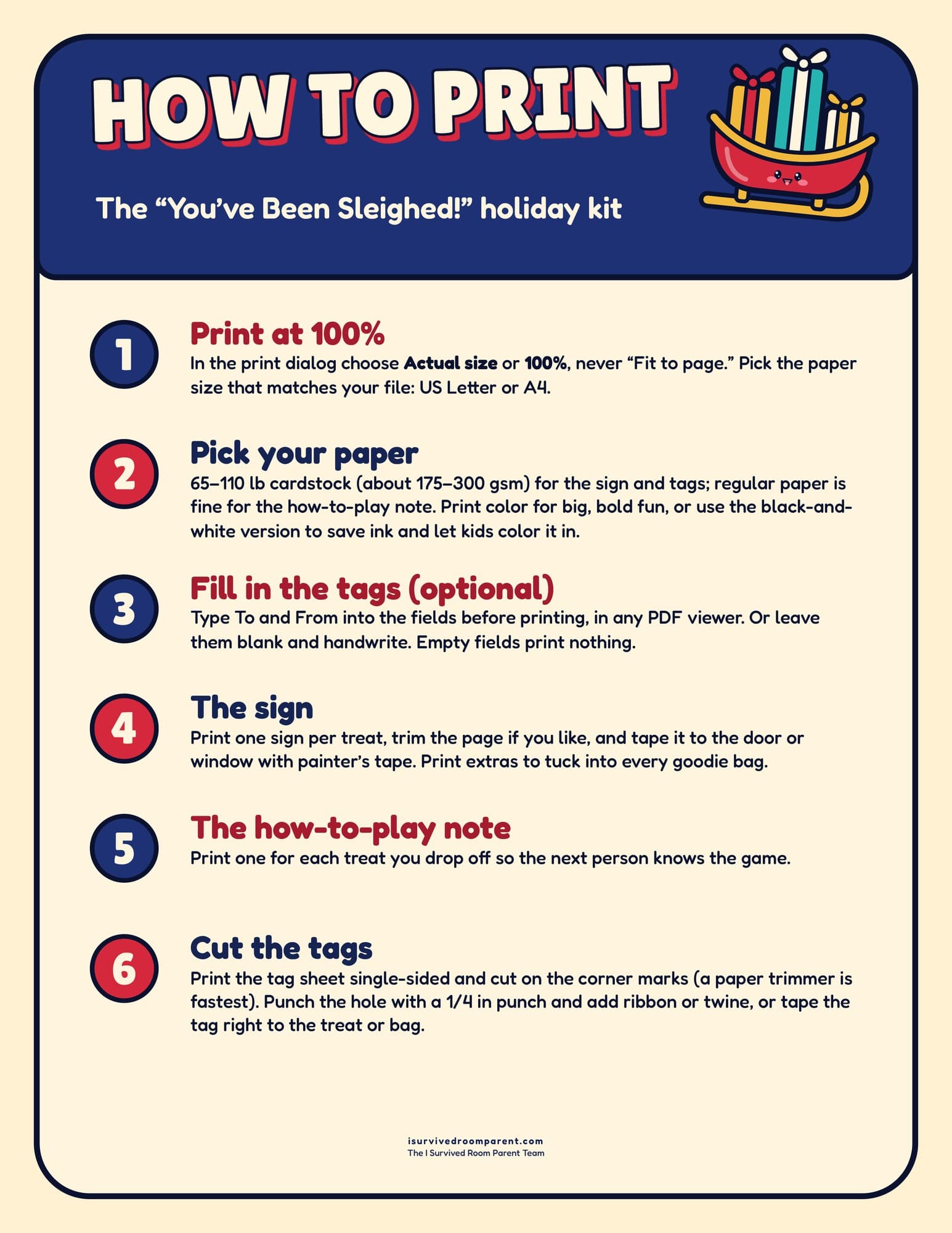 How to print guide for the You've Been Sleighed Christmas kit with six steps: print at 100 percent, pick your paper, fill in the tags, the sign, the note and cut the tags