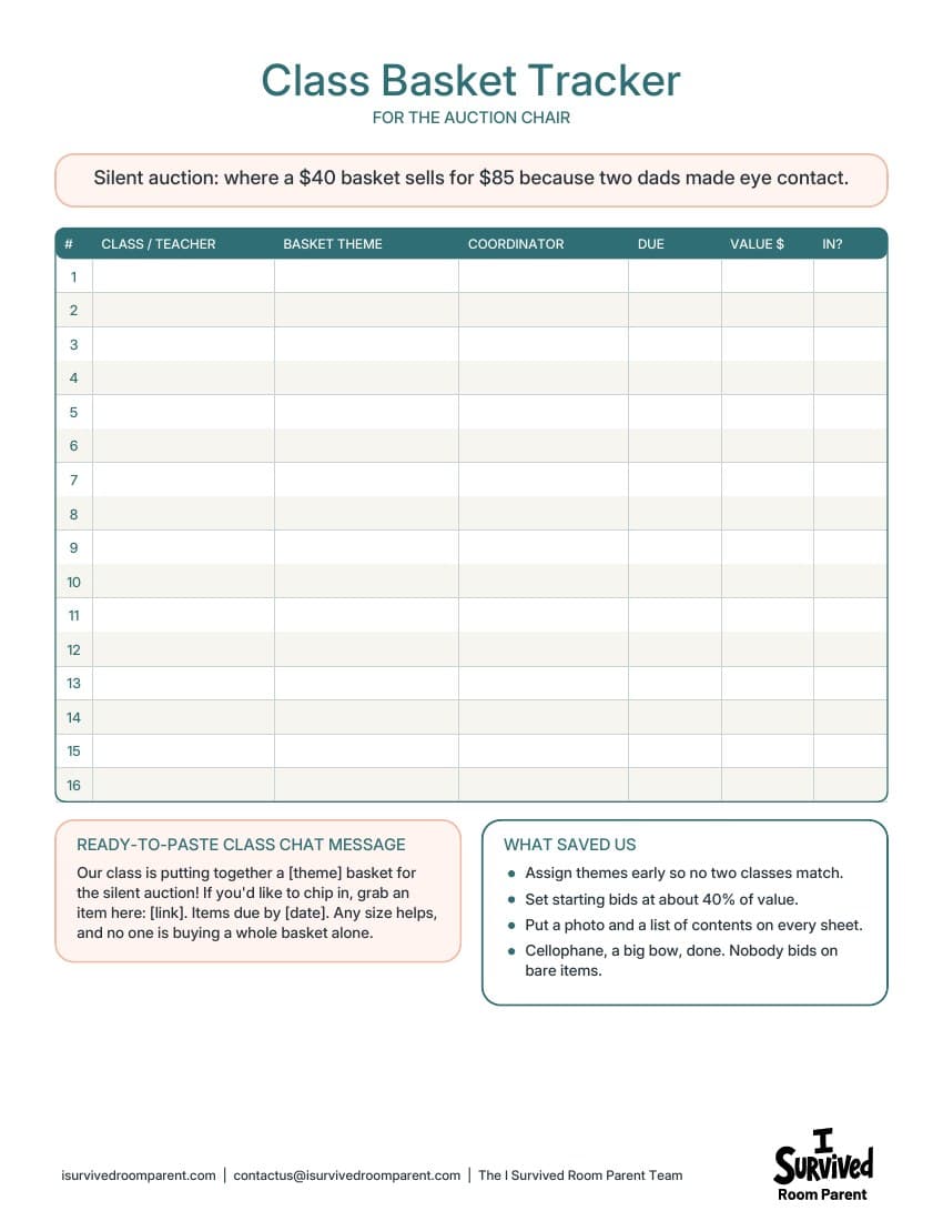Class basket tracker printable with 16 rows for donations, a class chat message and tips