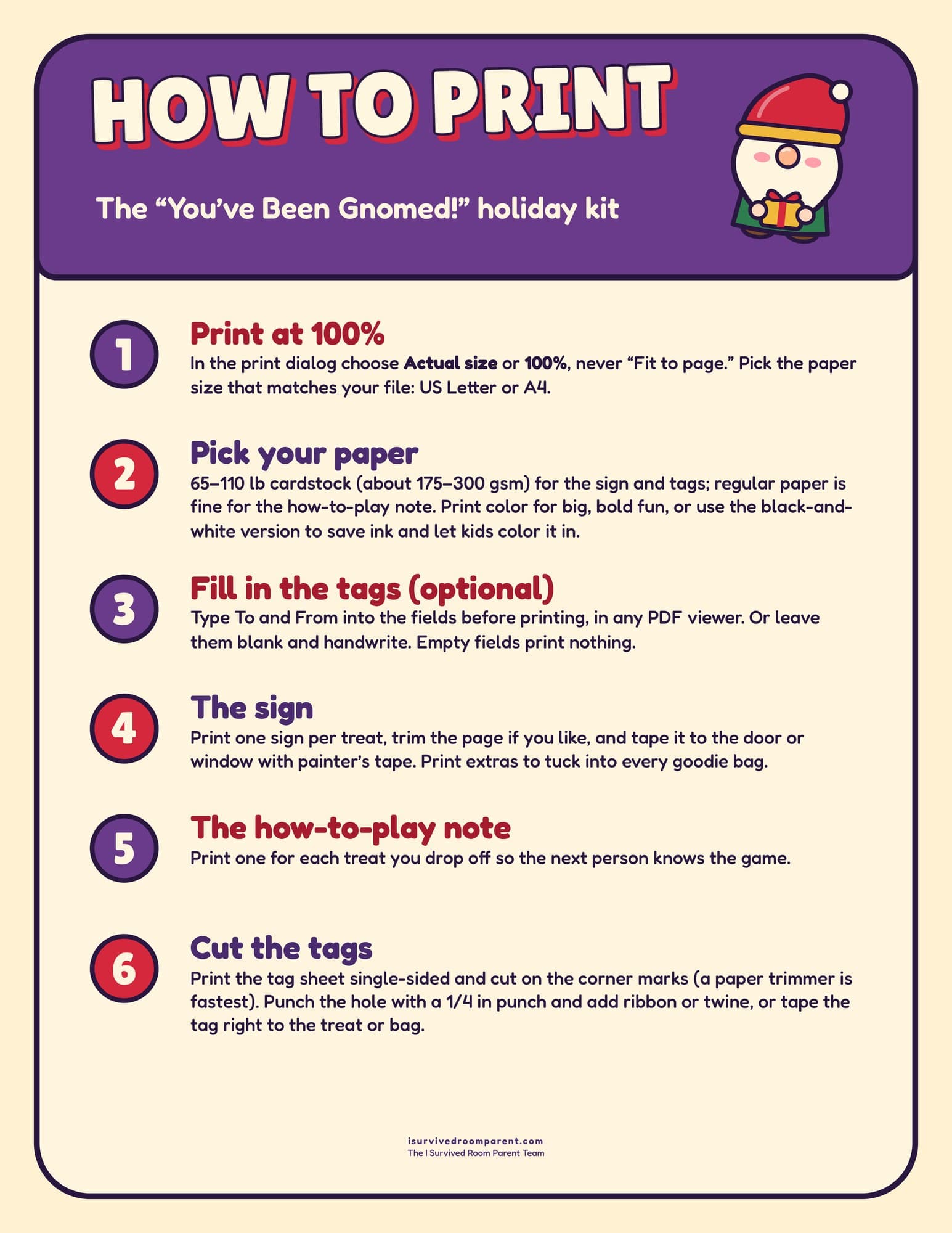 How to print guide for the You've Been Gnomed Christmas kit with six steps: print at 100 percent, pick your paper, fill in the tags, the sign, the note and cut the tags
