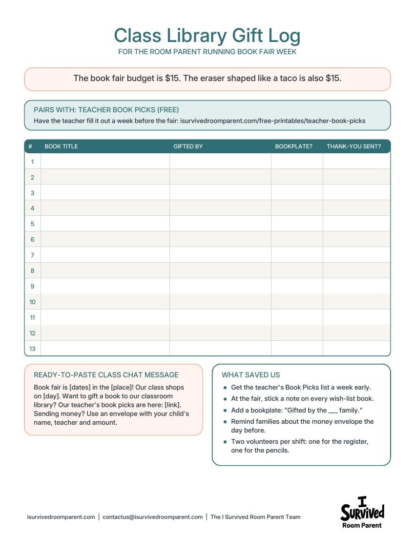 Class library gift log printable with 13 rows for book titles and donor names, a Teacher Book Picks callout and a class chat message