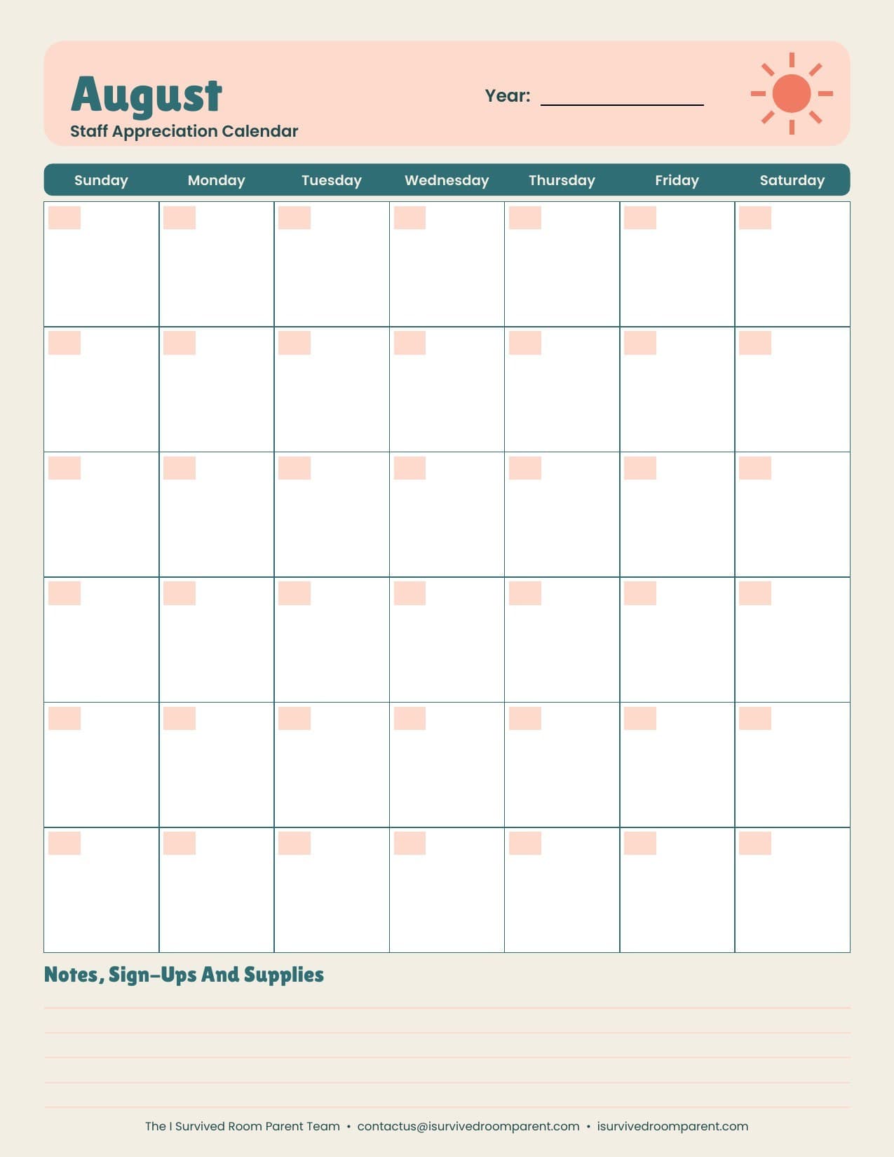 Undated August staff appreciation calendar page with blank day boxes