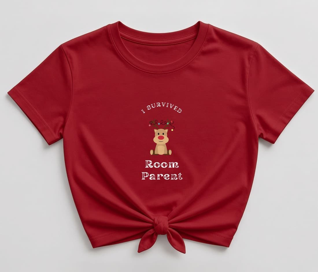 Red knotted women's shirt with the full-color cartoon reindeer wearing Christmas lights on his antlers, between "I Survived" and "Room Parent" in white lettering