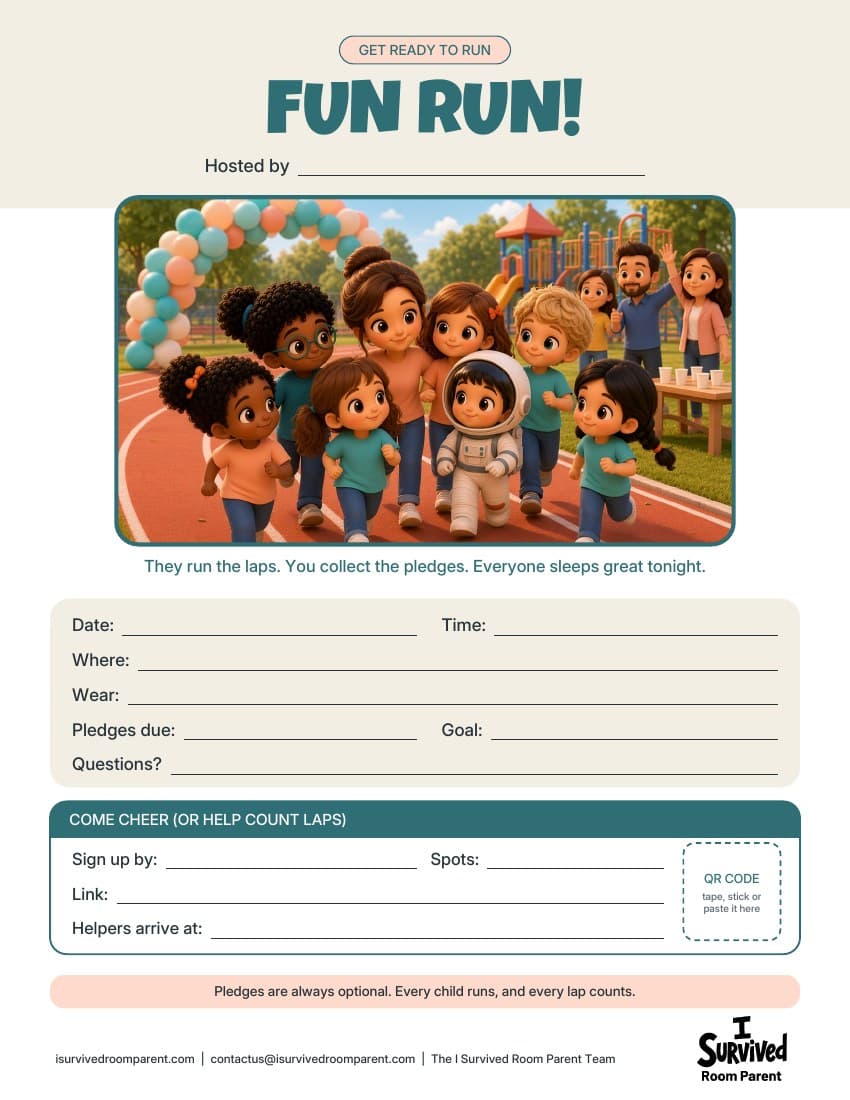 Free fun run flyer and pledge sheet printable with chibi kids jogging on a school track under a balloon arch