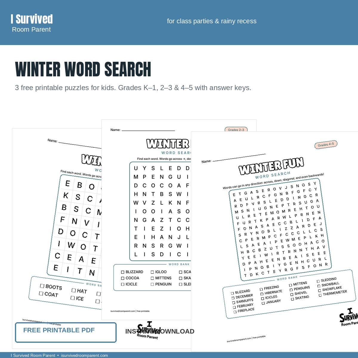 Free printable Winter word search for kids, grades K-1 through 4-5