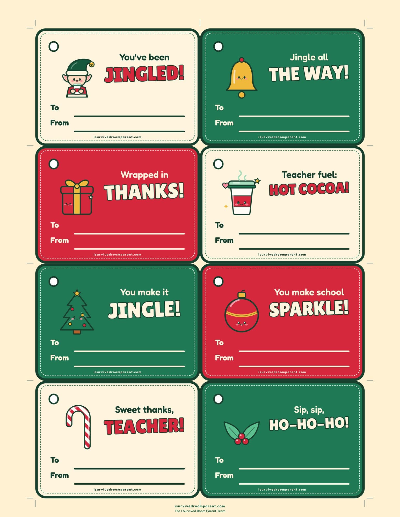 Christmas cocoa gift tags with To and From lines reading You've been jingled, Jingle all the way, Wrapped in thanks and Teacher fuel: hot cocoa